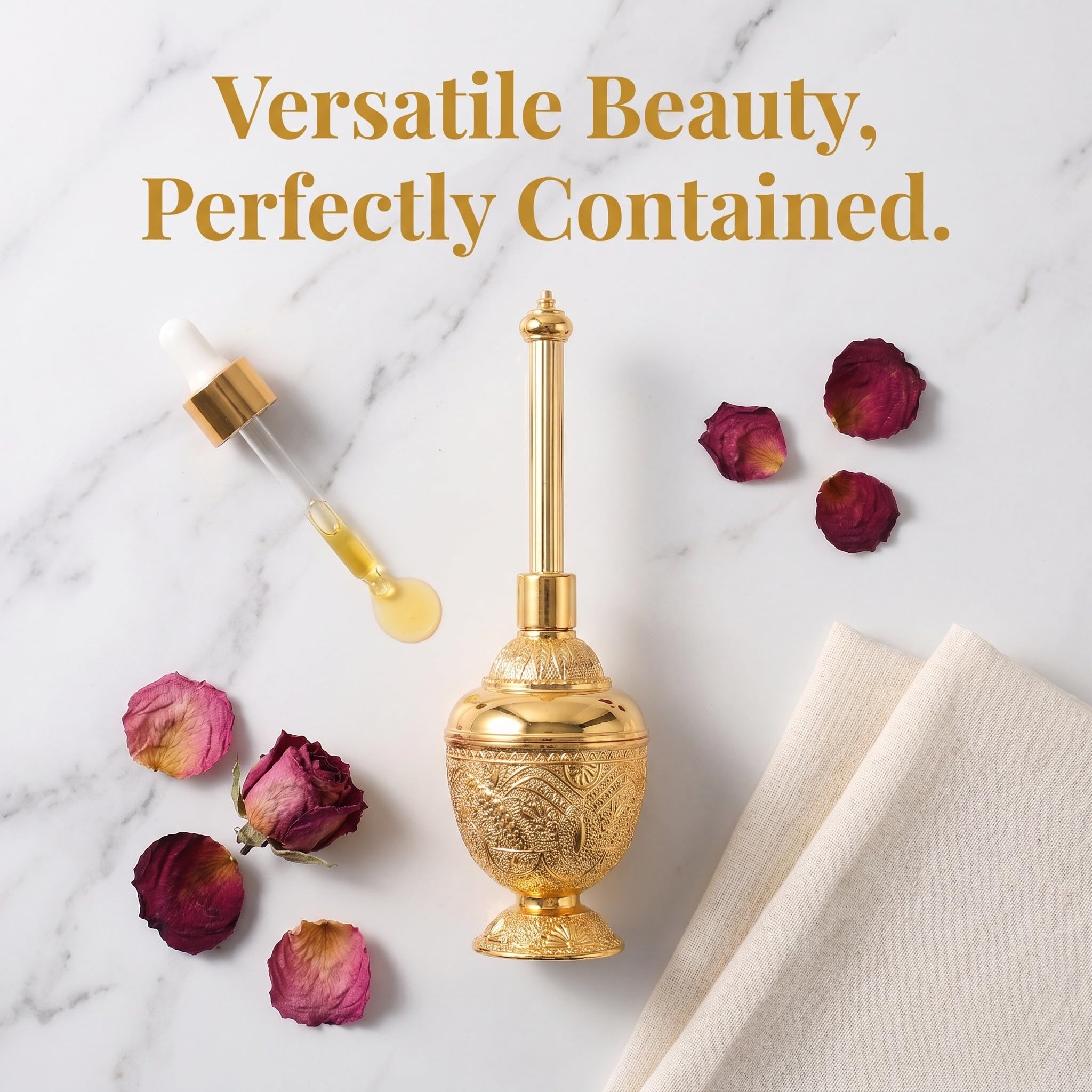 Zerodeko Parfümflasche mit Langlebigem Design Elegante Goldene aus Glas und Zinklegierung Tragbar für Wohnkultur und Religiöse Geschenksammlung