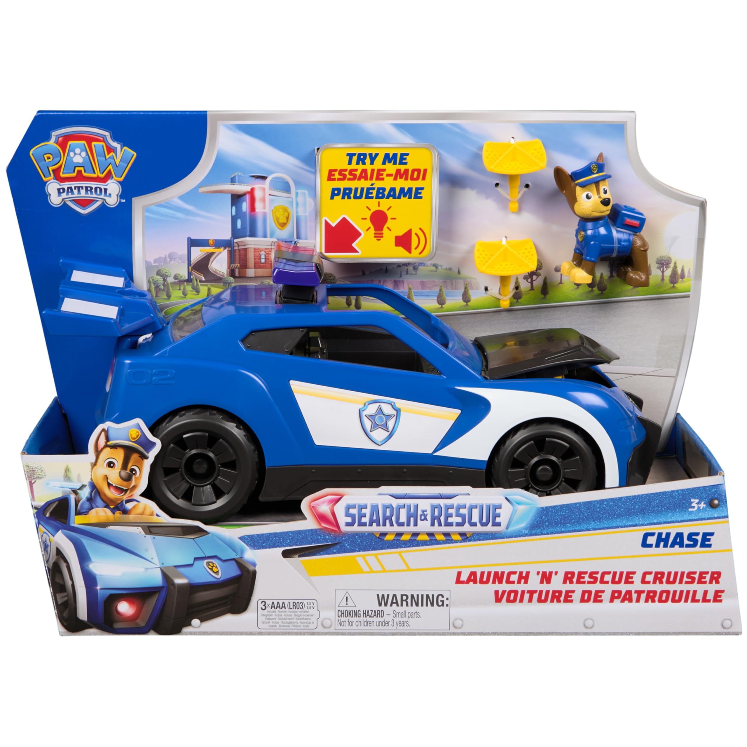 Paw Patrol: Search & Rescue, Auto della Polizia di Chase con Personaggio e 2 Proiettili, Luci, Suoni e Lanciatore Nascosto, Giocattoli per Bambini e Bambine, 3+ Anni