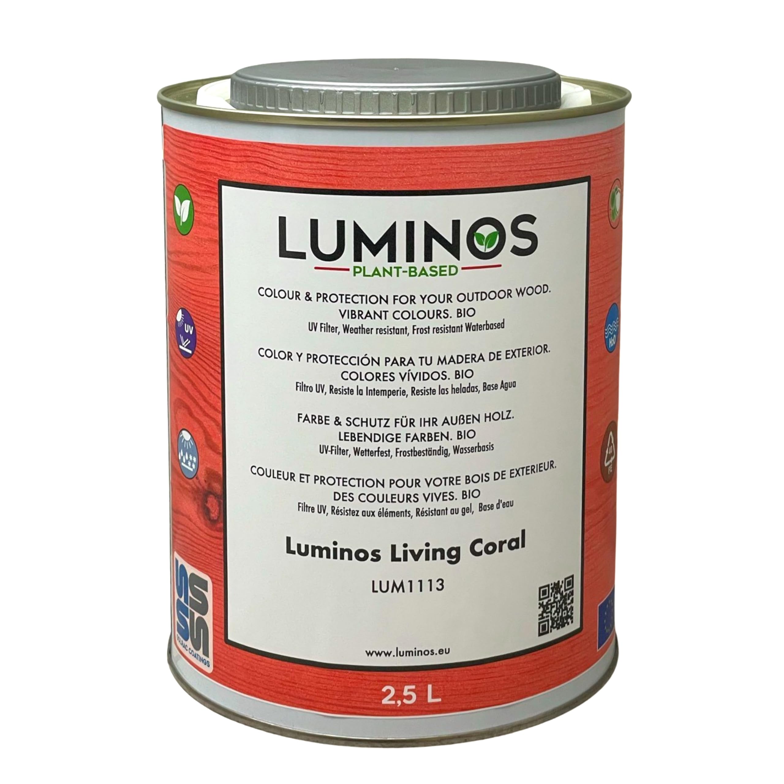 Luminos LUM1113 - LIVING CORAL - Lasure Biobased pour bois extérieur à l'eau -Rose Corail 2,5L