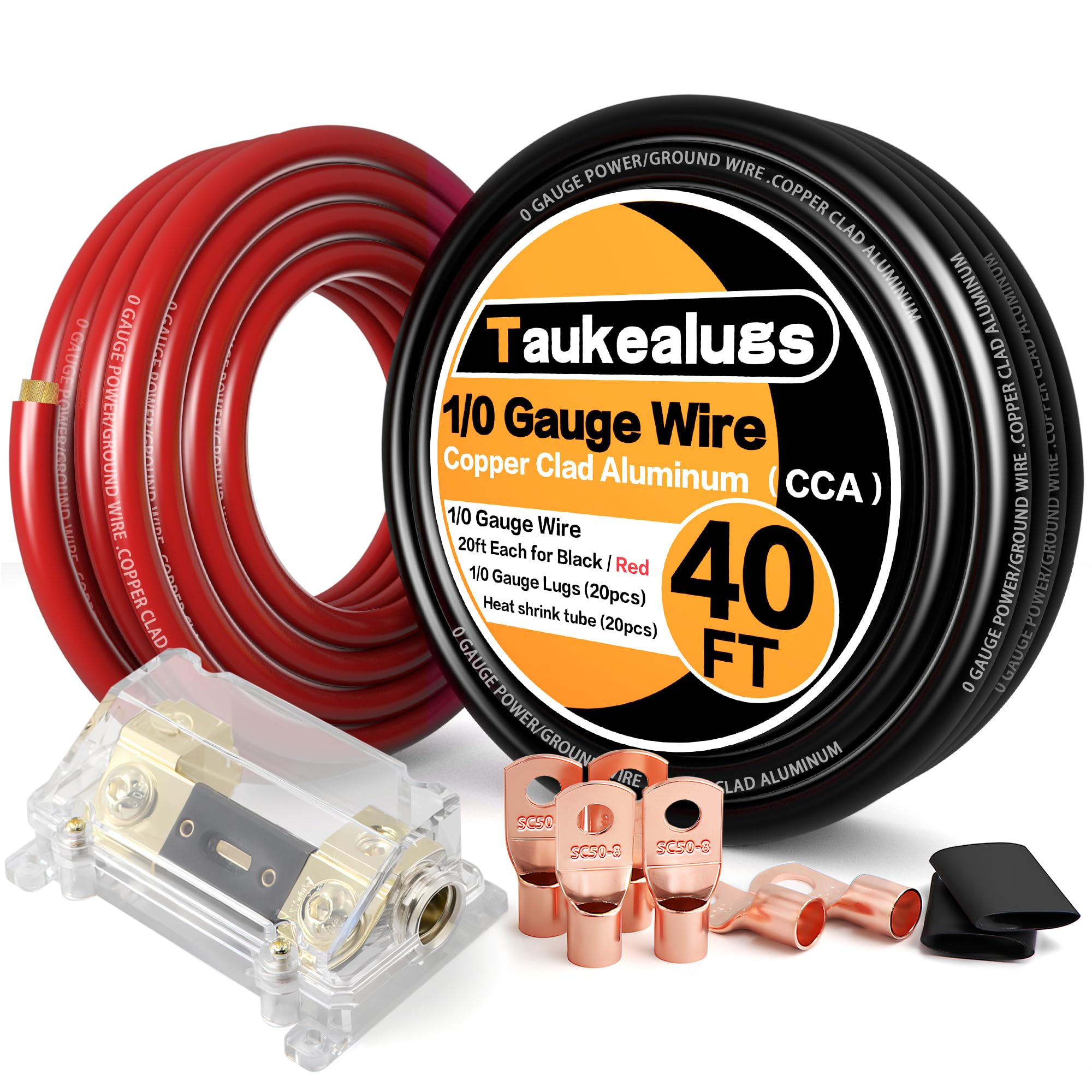 1/0 Gauge Battery Cable Wire Copper Clad Aluminum CCA Amp Wiring Kit 40FT Black/Red for Automotive Power Ground,Car Audio Speaker,Inverter Truck with 250A ANL Fuse Holder Lug Terminal Heat Shrink Tube