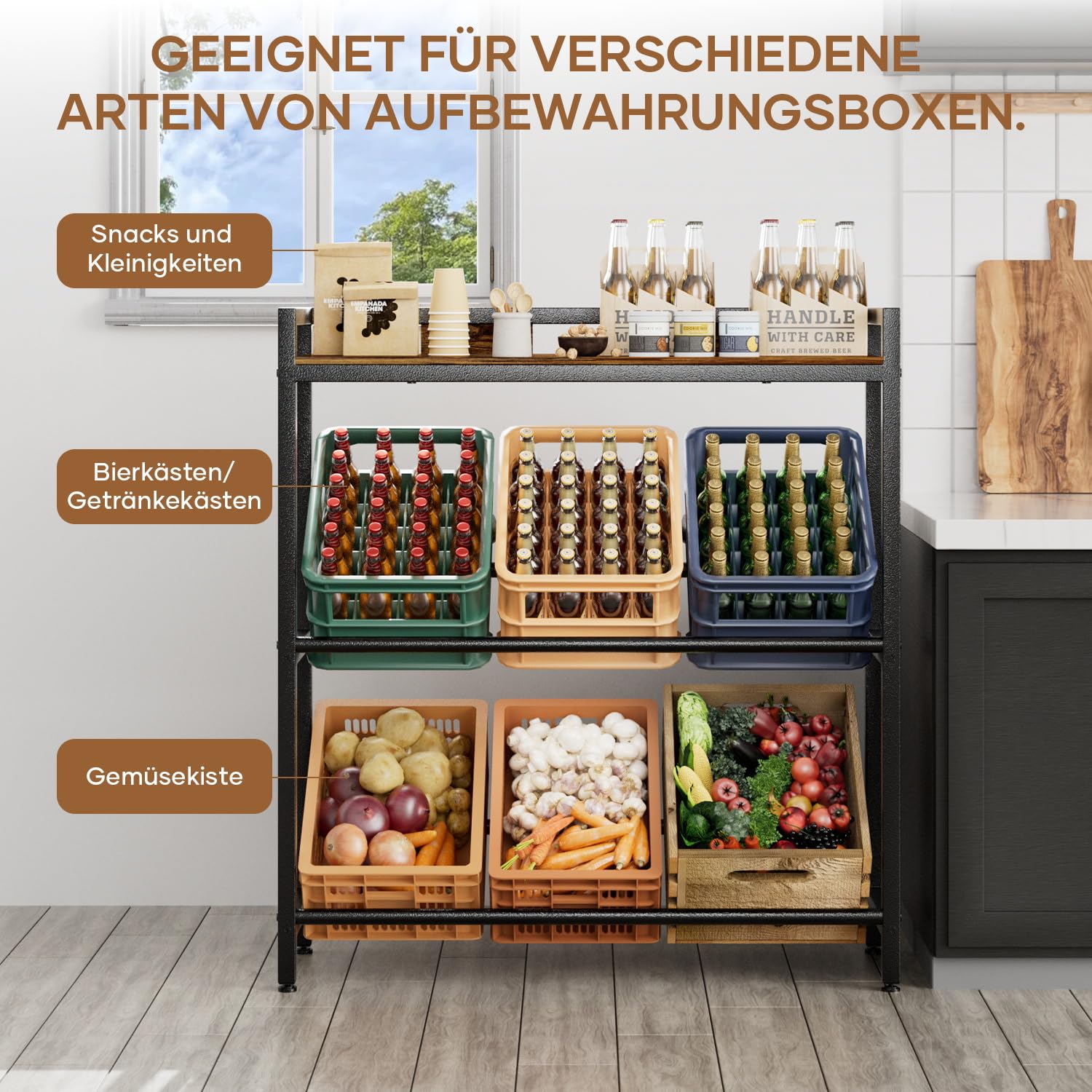 Getränkekistenregal 6 Kisten mit Ablage,33D x 104W x 115H cm Getränkeregal,Stabiler Metall Regal Getränkekisten,Freistehend Bierkisten Regal für Küche Keller Garage,Kistenregal Rustikales Braun