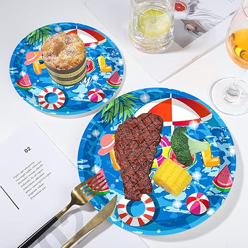 Miniatura 3 de Juego de 175 piezas de suministros para fiesta de piscina, juego de fiesta de playa de 9 pulgadas, platos de fiesta de piscina, 7 pulgadas, plato de
