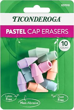 Ticonderoga Pencil Cap Erasers, Assorted Pastel Colors, 10 Count