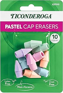Ticonderoga Pencil Cap Erasers, Assorted Pastel Colors, 10 Count