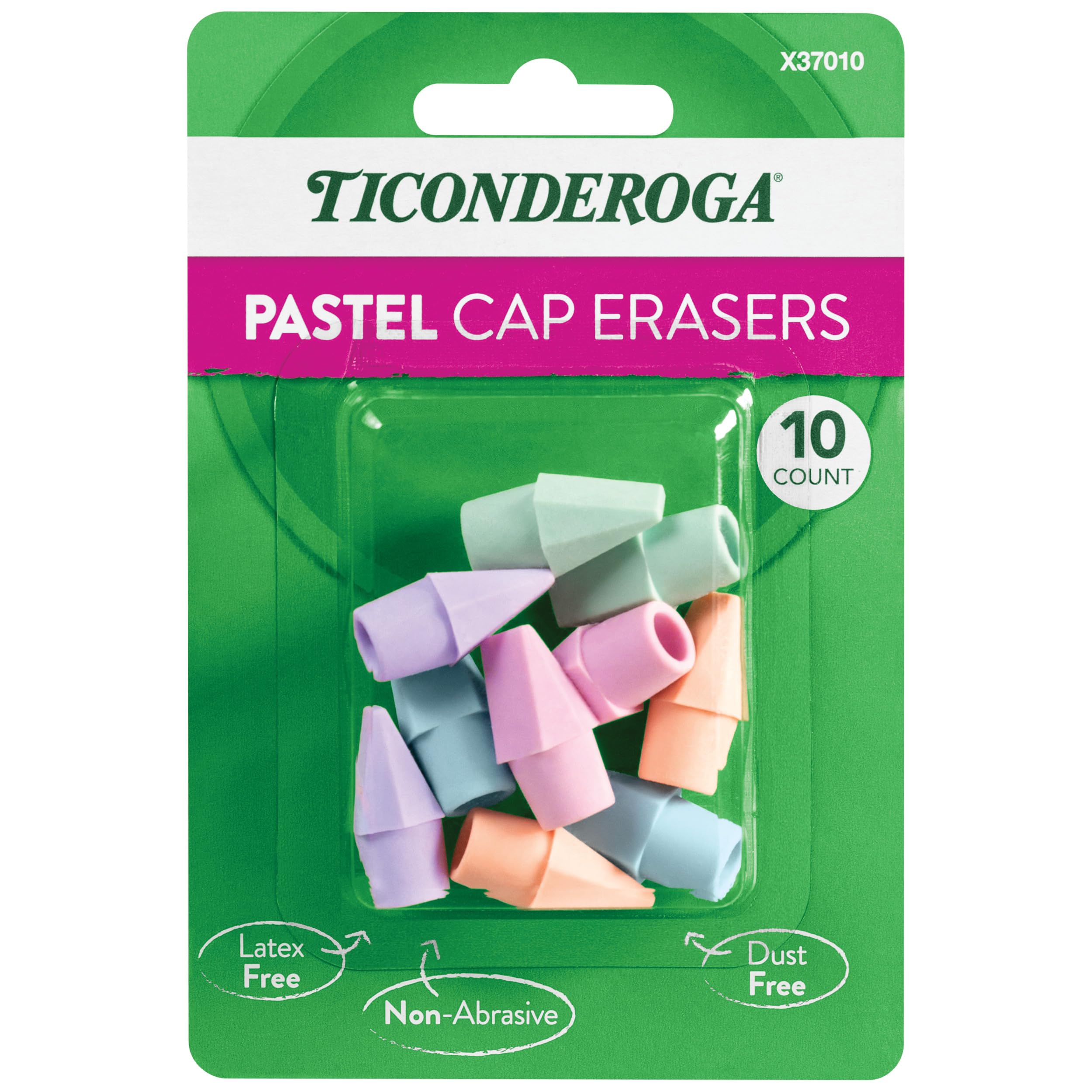 Ticonderoga Pencil Cap Erasers, Assorted Pastel Colors, 10 Count