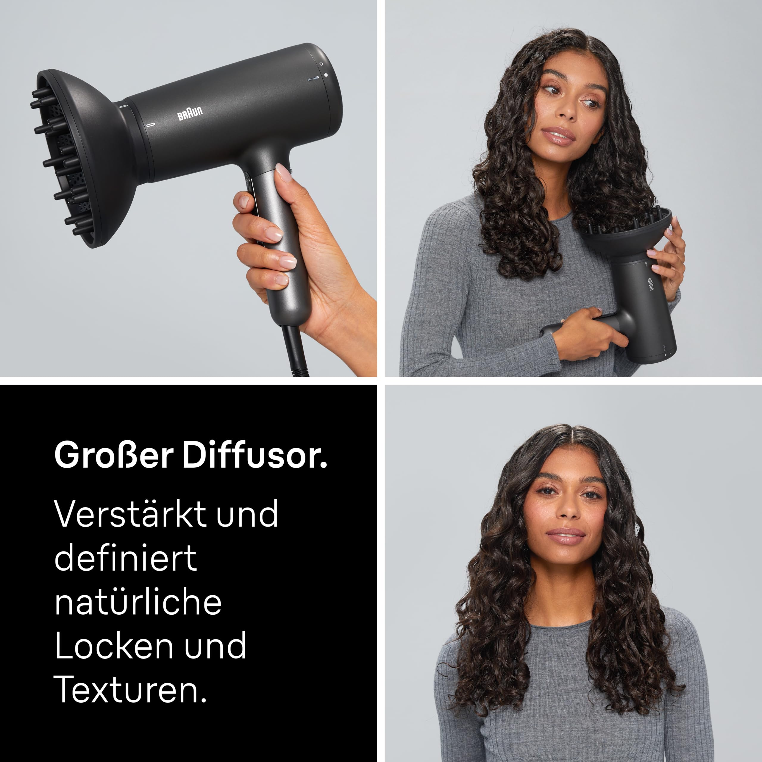 Braun Haartrockner HD4.2 – Leichter Hochleistungs-Föhn mit Diffusor und Stylingdüse für alle Haartypen, Super IONTEC Technologie, 2100W, 3 Temperaturen und 3 Geschwindigkeiten, Schwarz-Grau, BRHD425E