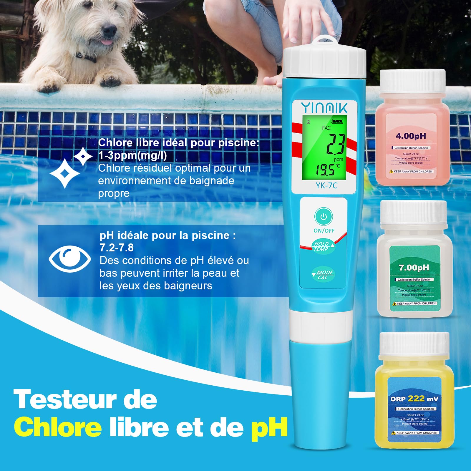 YINMIK pH et Sel Chlore Piscine Testeur,Testeur de Chlore, pH Mètre Numérique de Chlore Sel Testeur Testeur, pH Chlore TDS EC ORP Température, Chlore Sel Piscine pour, Sel Hot Tub Aquariums