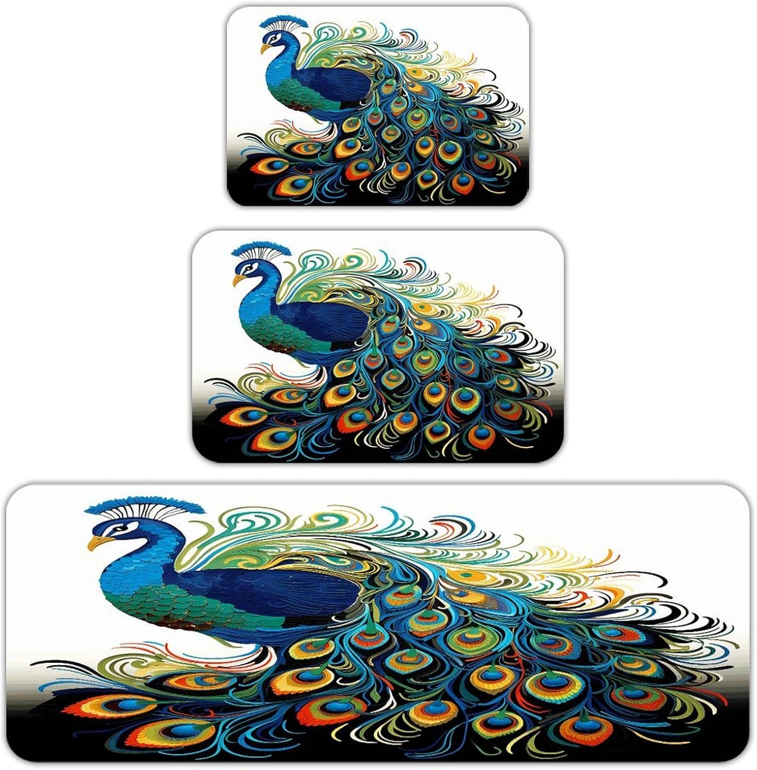 Peacock Pattern Kitchen Rugs Sets of 3 Non Slip Kitchen Mats for Floor Farmhouse Kitchen Sink Mat Thick Comfort Standing Mat for Laundry Room Hallway Bathroom