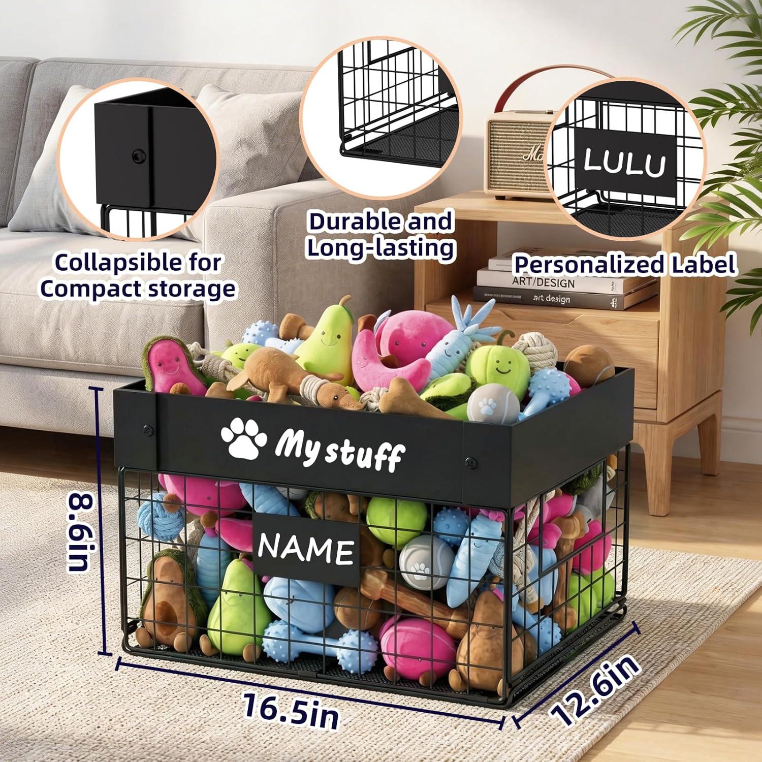 Kaiferty Indestructible X-Large Dog Toy basket, Chew-Proof Medium Toy Bin for Dogs, Pet Toy Bin Dog Metal Basket for Toys, Puppy Toy Storage Organizer Blankets, Toy Box for Living Room Area (Black)