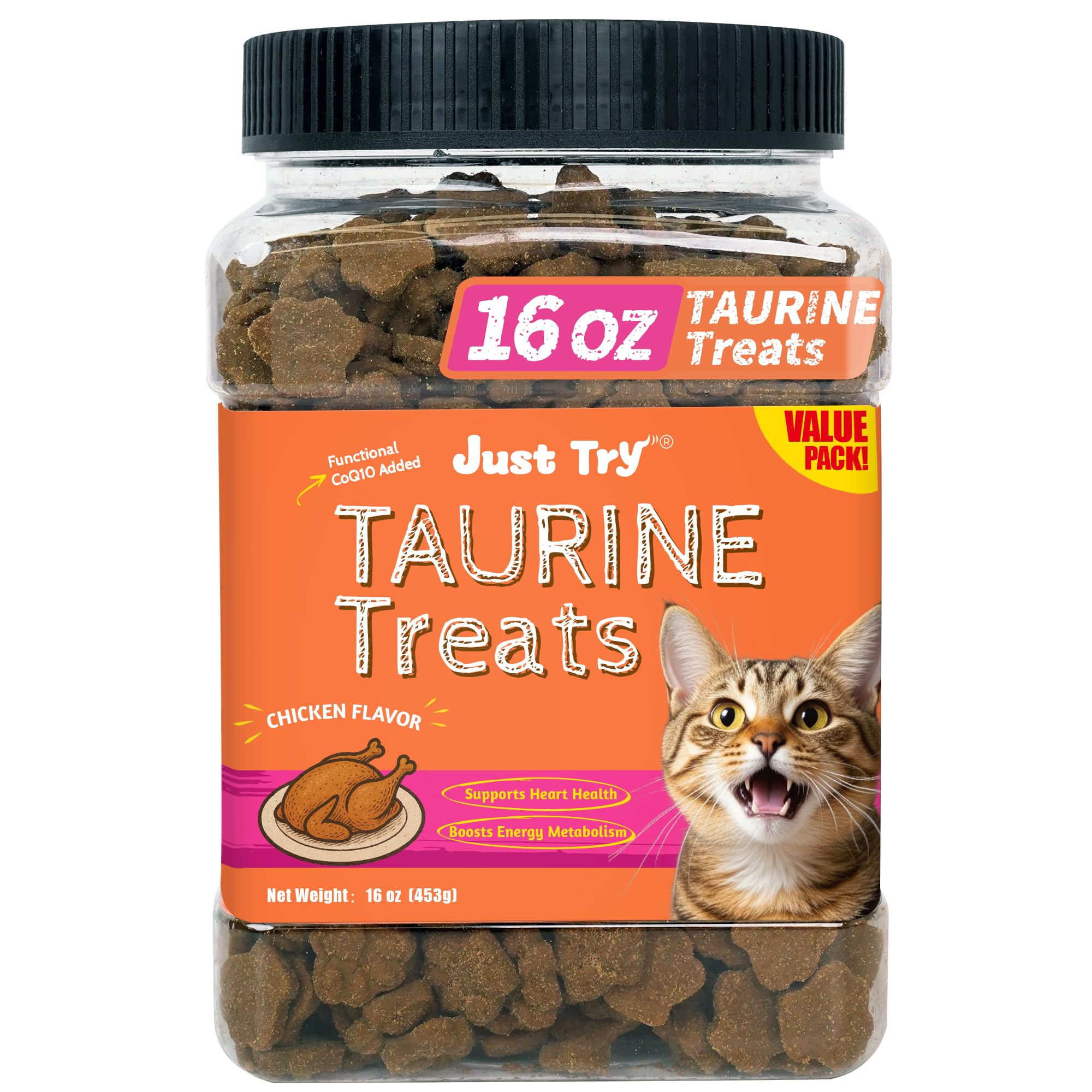 Just Try 16 OZ Taurine Treats with Coenzyme Q10 for Cats - Coq10 & Taurine for Cat to Support Feline Heart Health - Chicken Flavored Chews - Vitamins Snacks Treats