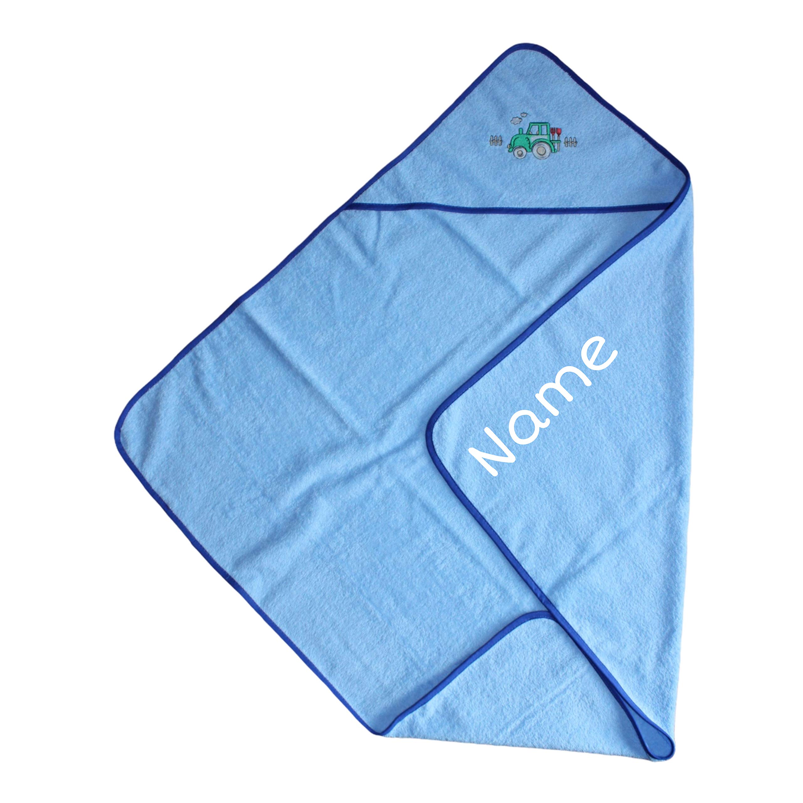 Baby Kapuzenhandtuch Set mit Waschlappen | Baby Handtuch 80 x 80 cm Kapuzenbadetuch | personalisiert mit Name | Baby Badetuch Bestickt mit Namen | Jungen Mädchen (Blauer Traktor)