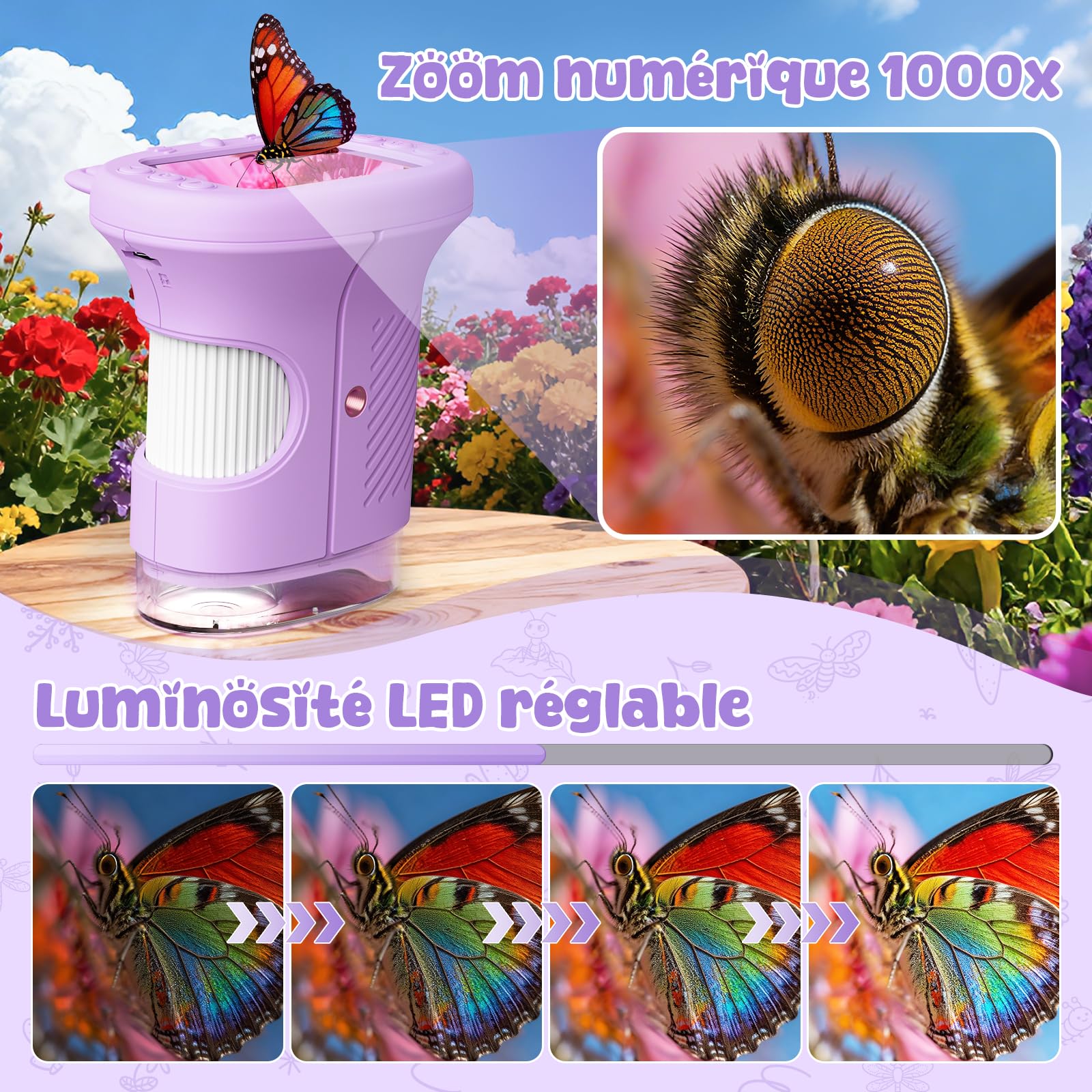 Microscope Enfant, 1000X Microscope Numérique pour Enfants, 2.4" Écran Portable Microscope de Poche, Jouets Sciences Éducatives, pour Les Filles de 3 4 5 6 7 8 9 10 Ans (Violet)