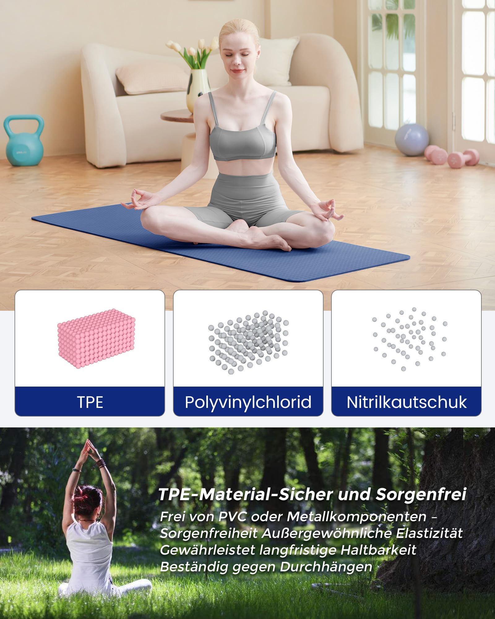 Oak & Tea Tappetino da yoga, tappetino da yoga spesso antiscivolo per donne/uomini, tappetini per esercizi per la casa palestra con cinghia di trasporto, tappetino ecologico in TPE per yoga, meditazione, pilates, 183 x 61 x 0,6 cm