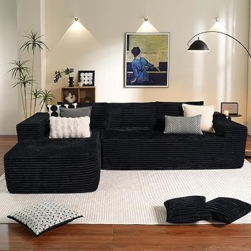 ovios 104" Cloud Sectional Couch with L-Shape Chaise,Modern Modular Sofa with Deep Seat, Upholstered Couches for Living Room Bedroom,No Assembly Required, Black (Plush Corduroy Fabric)