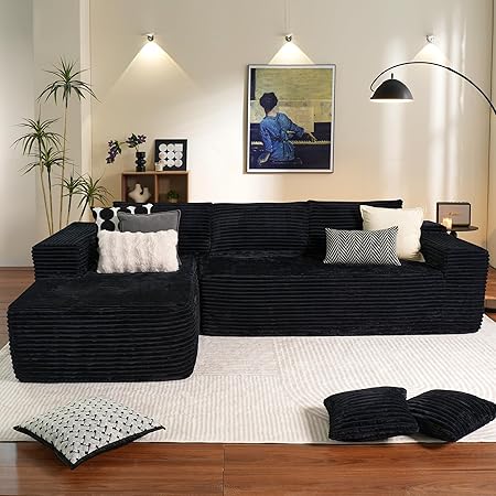 ovios 104" Cloud Sectional Couch with L-Shape Chaise,Modern Modular Sofa with Deep Seat, Upholstered Couches for Living Room Bedroom,No Assembly Required, Black (Plush Corduroy Fabric)