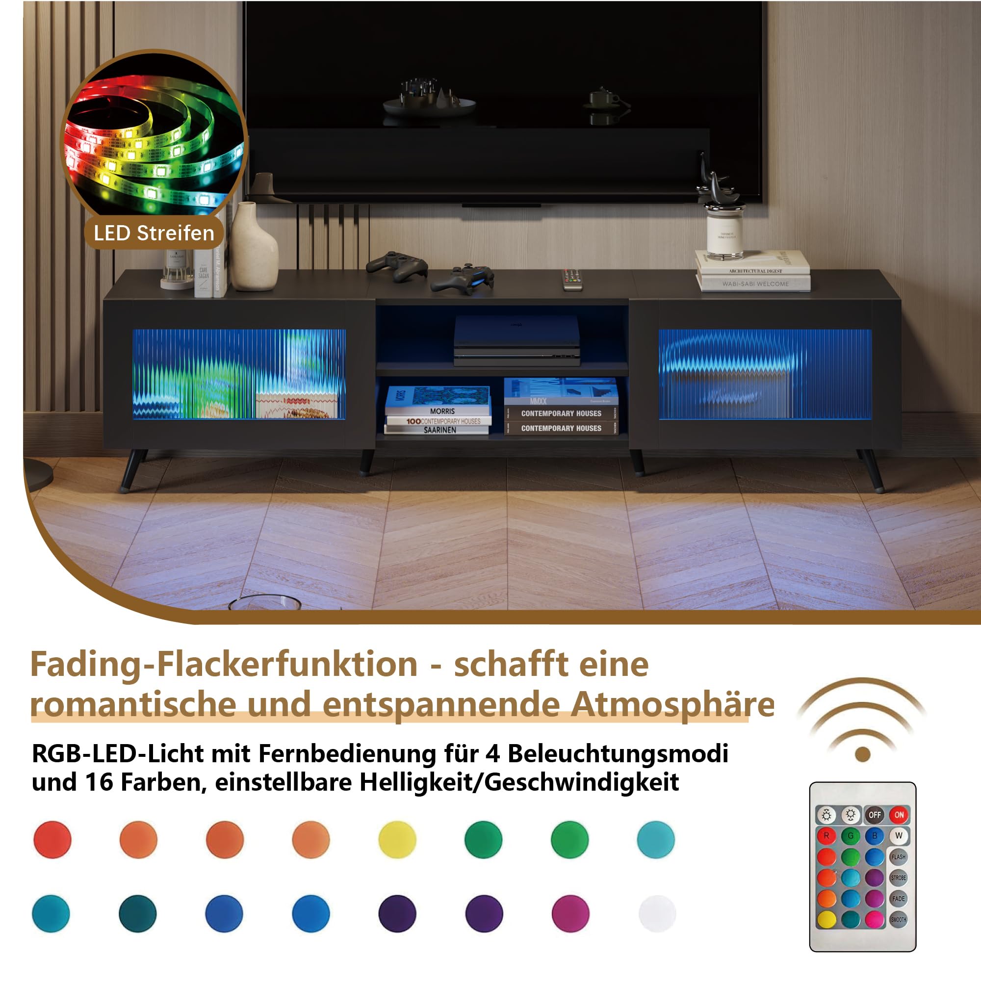KEEPREAPER TV-Schrank, stehend Lowboard mit LED-Beleuchtung, Fernsehtisch mit 2 Acryltüren, für Fernseher bis zu 70 Zoll, für Wohnzimmer 160 x 29 x 40 cm (Schwarz)