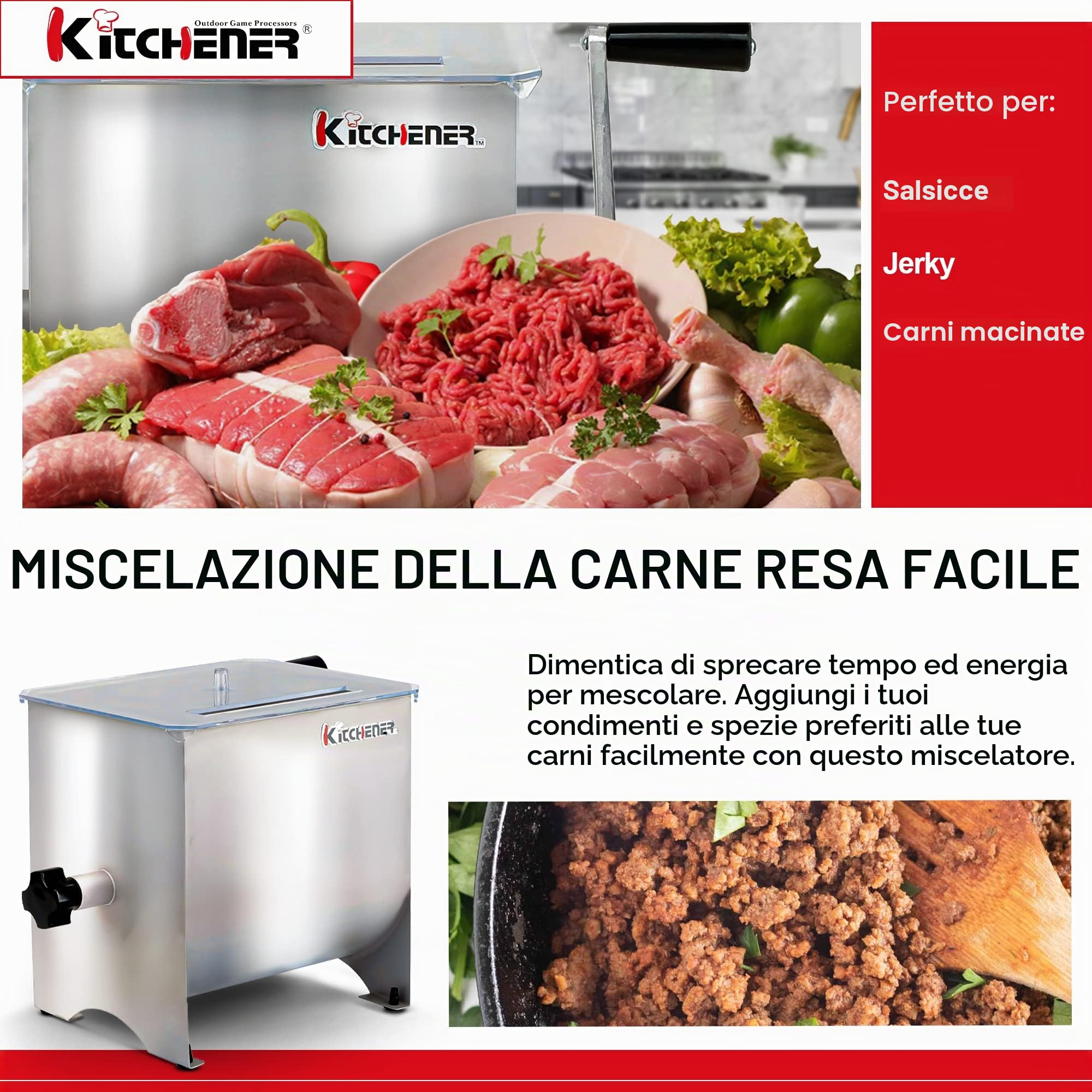 Kitchener heavy duty commercial grade manovella in acciaio inox mixer carne manual | Acciaio inox alimentare Heavy Duty; 4 pale rimovibili e coperchio trasparente, ideale per insaccati e carne condita