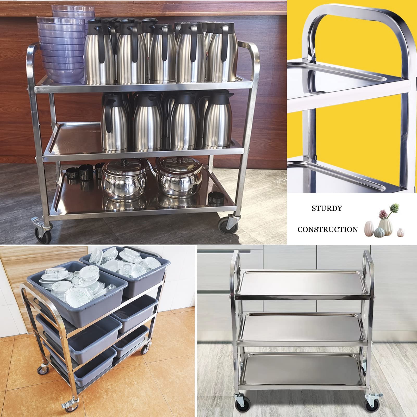 Chariot de cuisine roulant en acier inoxydable – Étagère utilitaire à 2 niveaux sur roulettes, support de rangement peu encombrant pour la maison, chariot de salle à manger et de cuisine, chariot de