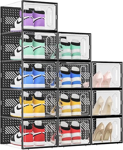 Miniatura 1 de eWonLife Caja grande de almacenamiento de zapatos con puerta magnética, paquete de 12 organizadores de zapatos apilables de plástico transparente