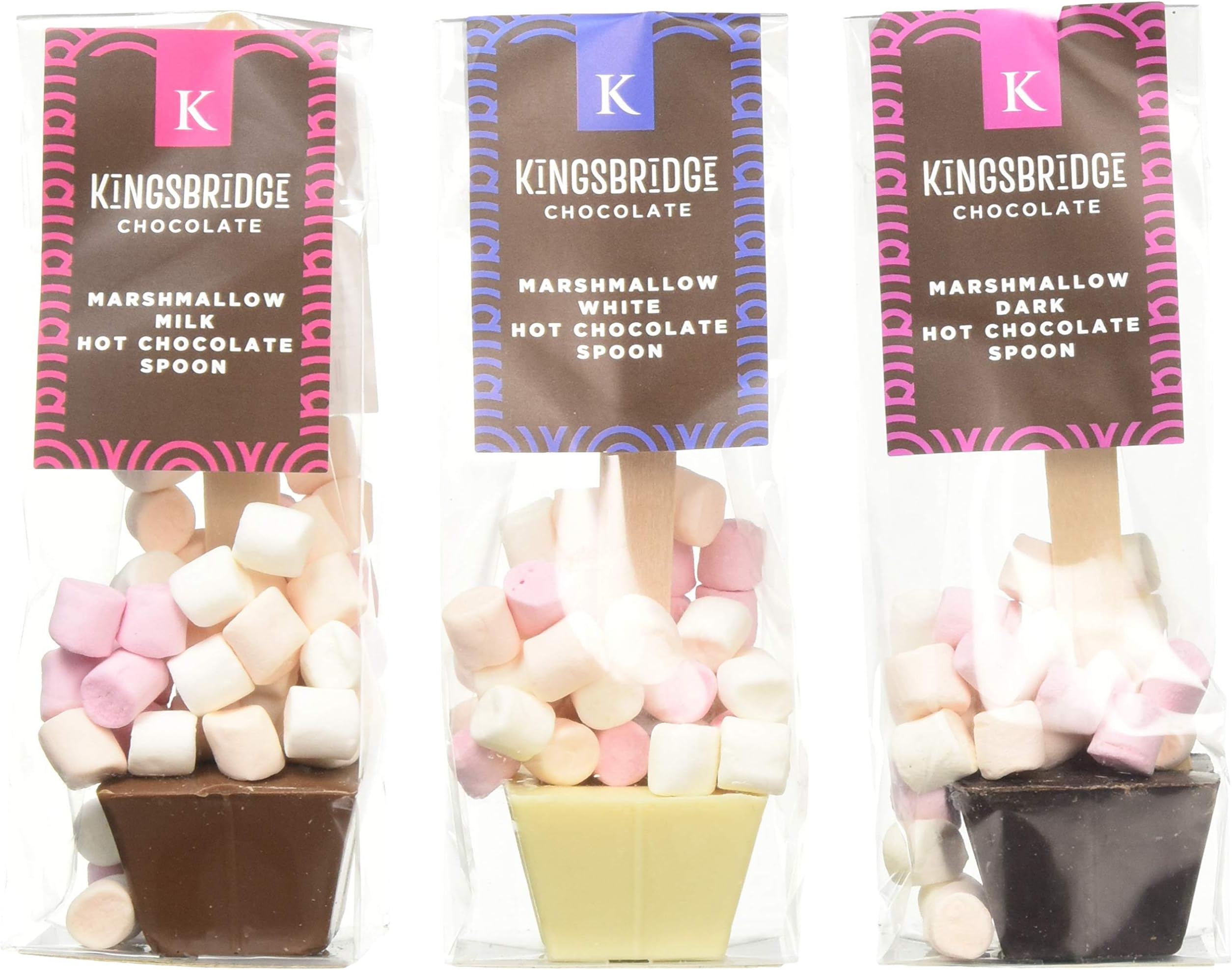 Kingsbridge Set of 1 x Marshmallow Milk Hot Chocolate Spoon, 1 x Marshmallow Dark Hot Chocolate Spoon and 1 x Marshmallow White Hot Chocolate Spoon.