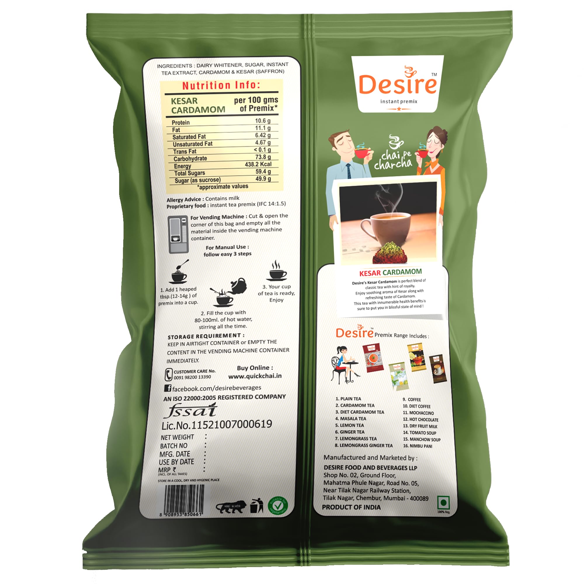 Desire Instant Premix Saffron Cardamom Tea Premix Ready Mix Tea Powder - Instant Kesar Elaichi Chai, Suitable for Manual and Vending Machine Use, 500gm Pack Serves 40 Cups – Just Add Hot Water