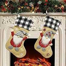 Christmas Stockings, 2 Pack 18 Inches Large 3D Burlap Gnome Christmas Stocking with Snowflake, Buffalo Plaid Christmas Hanging Socks Decorations, Linen Gift Bag for Xmas Party, Farmhouse Home Decor