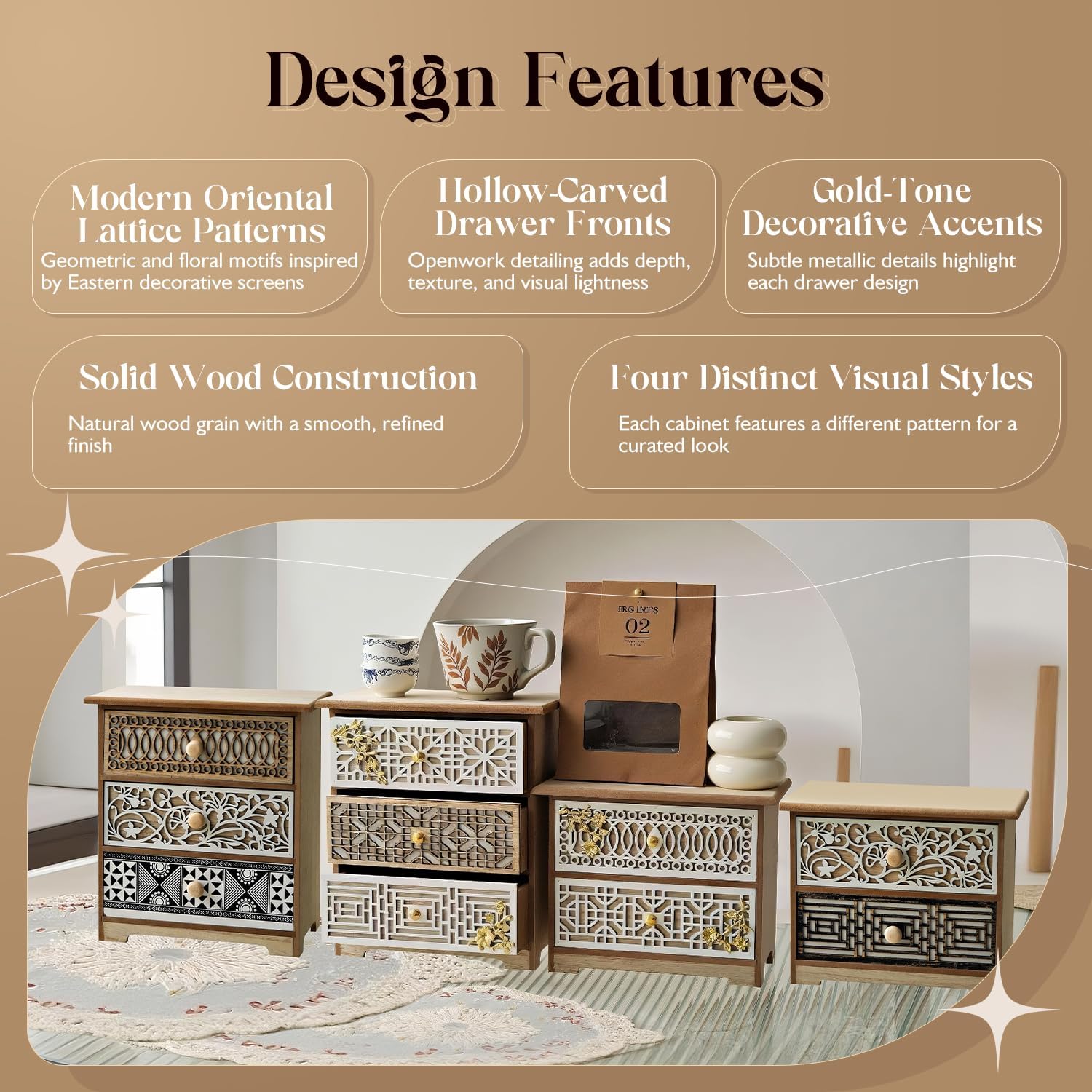 Set of 4 Decorative Solid Wood Drawer Organizers with Artisan Lattice Fronts — Vintage Eastern-Inspired Desktop Storage, Stackable Small Drawer Cabinets for Counters Countertops Cabinet Top