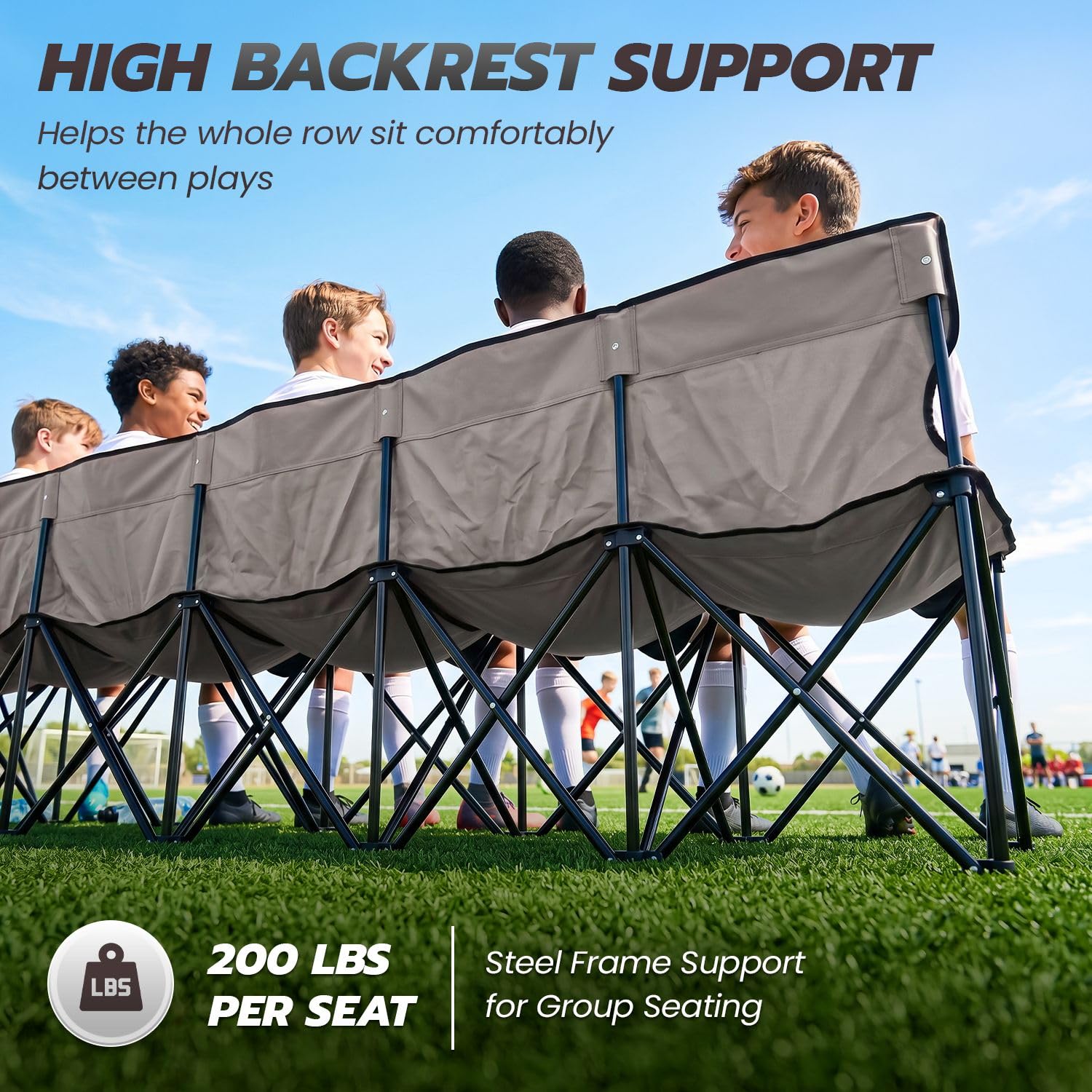 Flexzion Panca pieghevole portatile, 6 posti, panca da calcio pieghevole, panca portatile per Bleacher, campeggio, con schienale e borsa per il trasporto, grigio