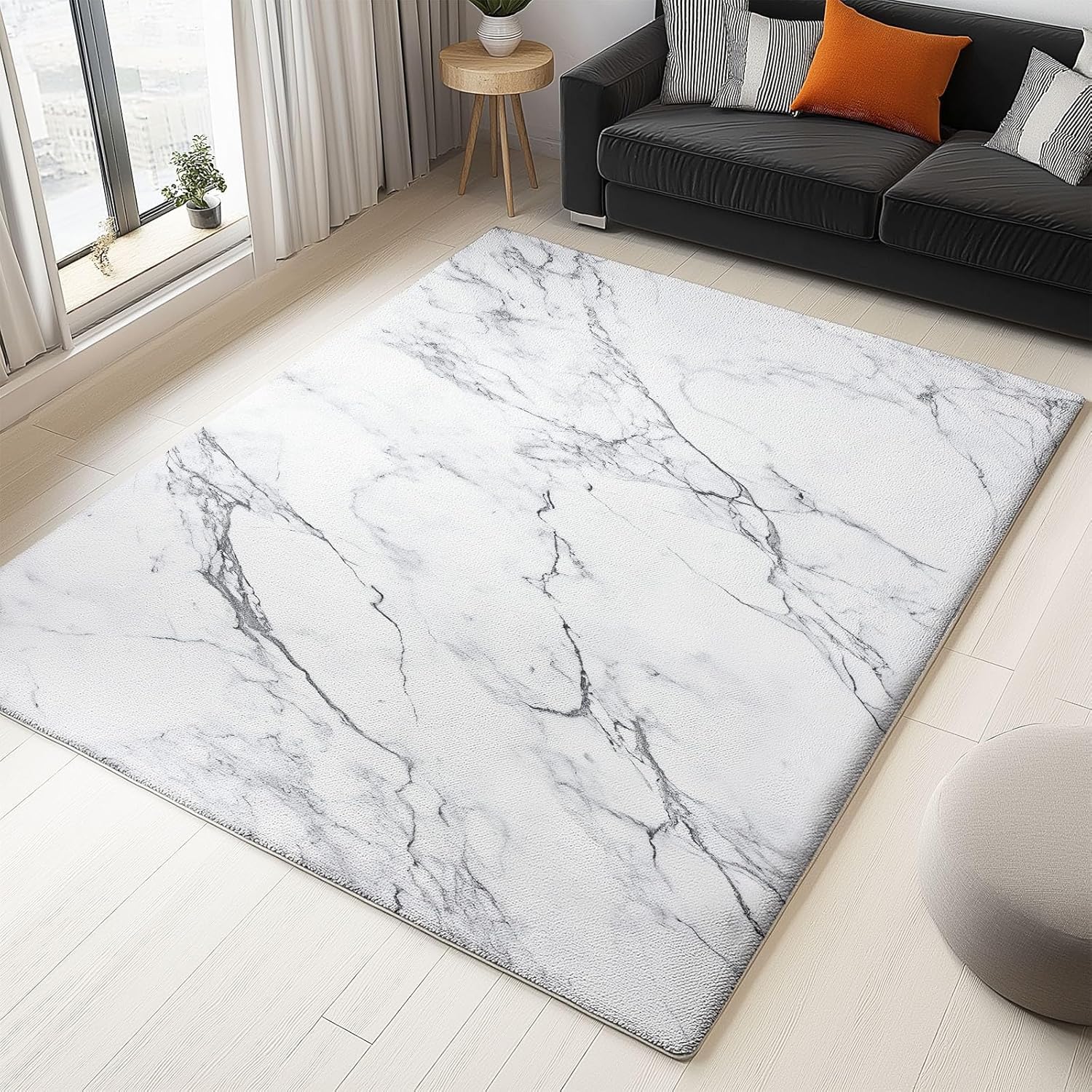 Motif Noir Tapis 150x210 cm Marbre Blanc Moquette Antiderapant à Poils Courts Tapis 3D Lavable en Machine Convient aux Grands Salons Salles à Manger et Chambres b-2027