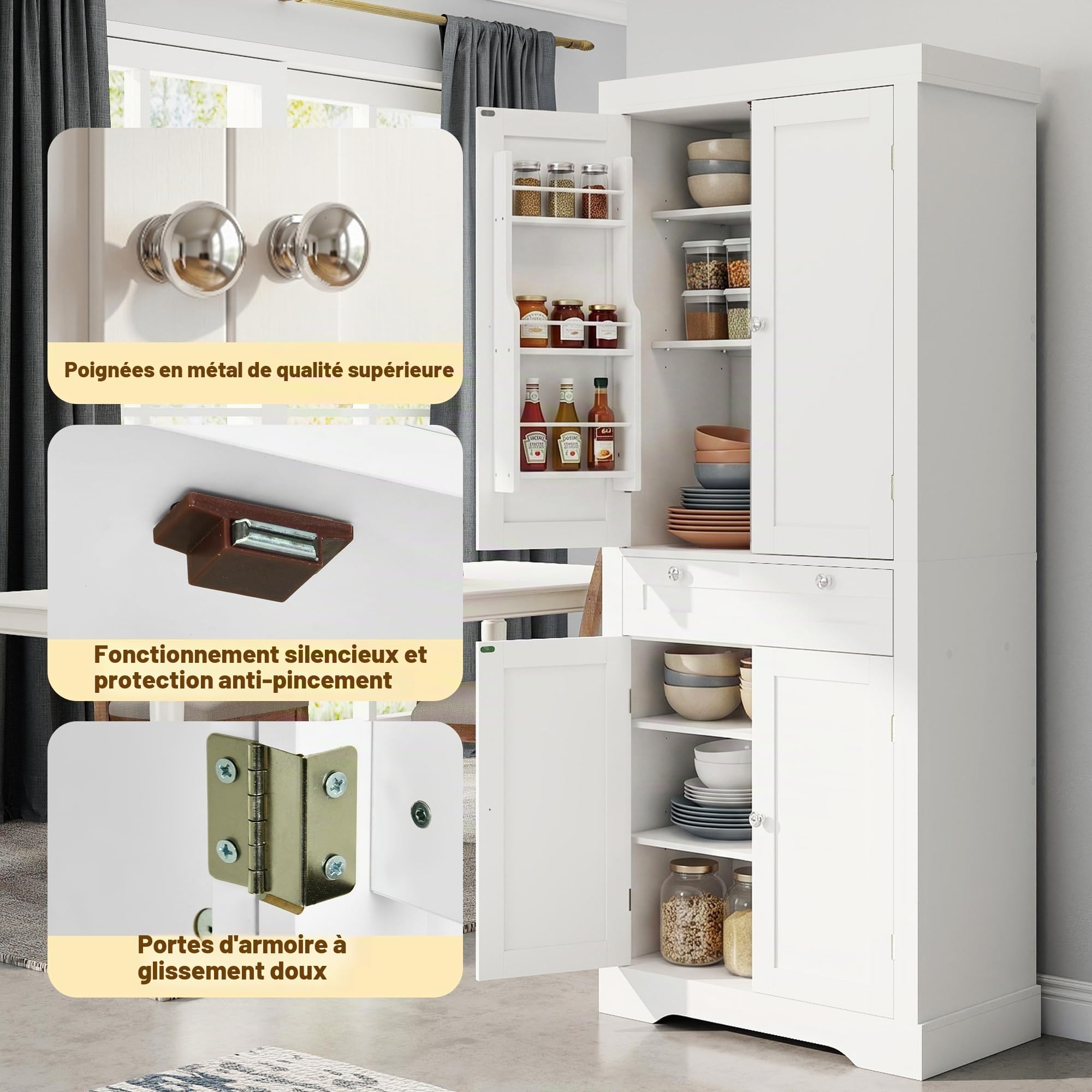 Meuble Cuisine, Buffet Haut Cuisine, Meuble Rangement avec 1 Tiroir et 4 Portes, Garde-Manger Moderne 76x40x182 cm – Panneau de Particules + MDF, pour Cuisine, Salle à Manger ou Salon, Blanc