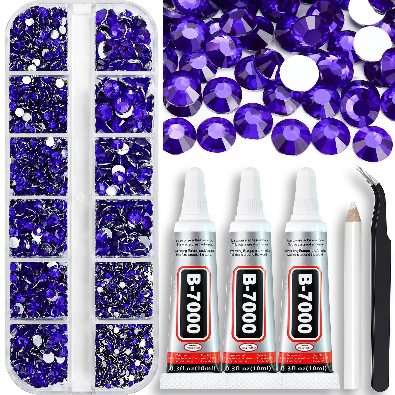 B7000 Clear Glue with 4000PCS Purple Violet Rhinestones for Crafts Clothing Fabric Shoes, Glue Fix Flatback Gems for Nails Face Jewelry, Mixed 5 Sizes 2mm 3mm 4mm 5mm 6mm Diamond Bejeweled Kit 10-Purple Violet Mixed 2mm 3mm 4mm 5mm 6mm