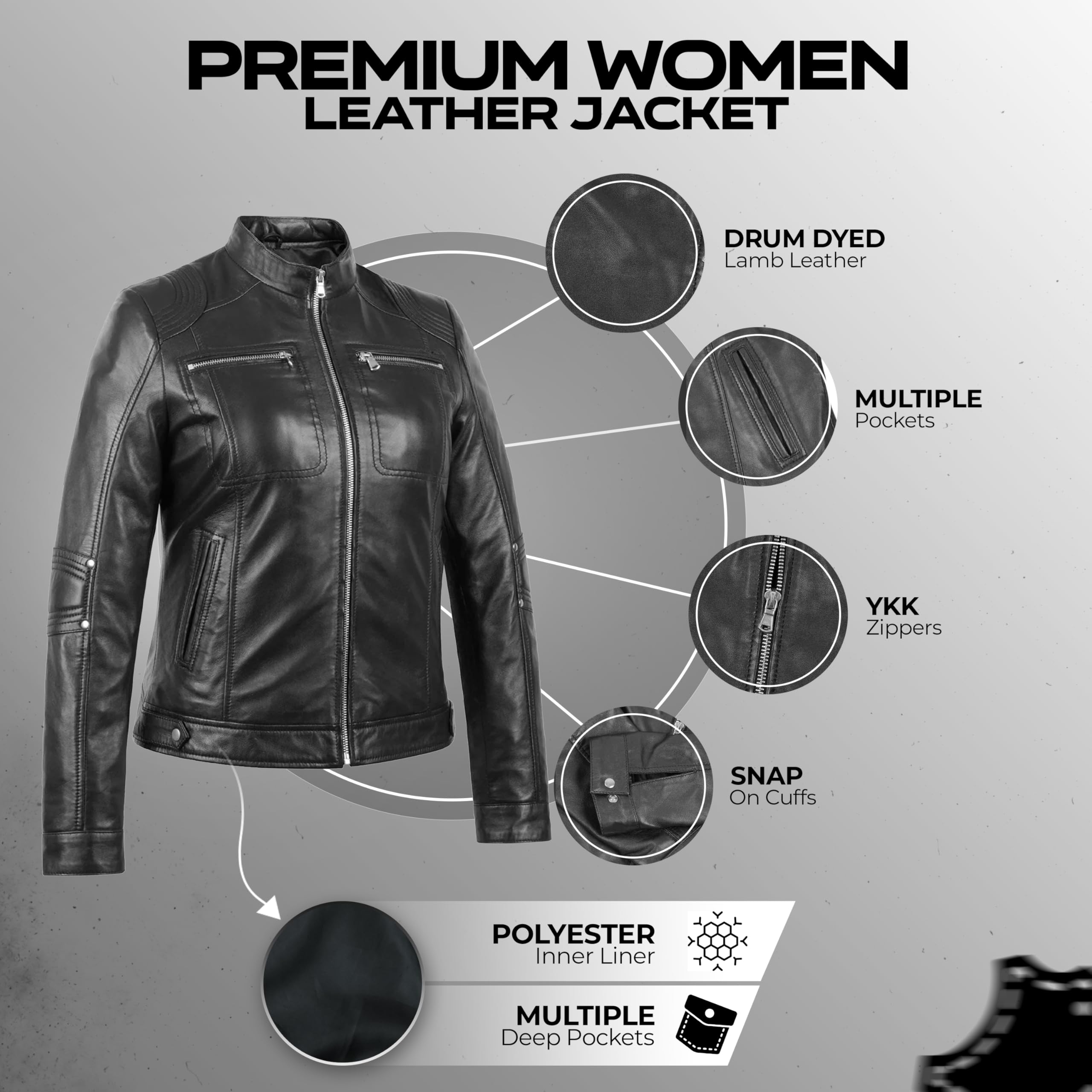 Leatherick Chaquetas moteras de piel de cordero estilo Cafe Racer para mujer - elegante chaqueta de moto con cremallera y bolsillos funcionales