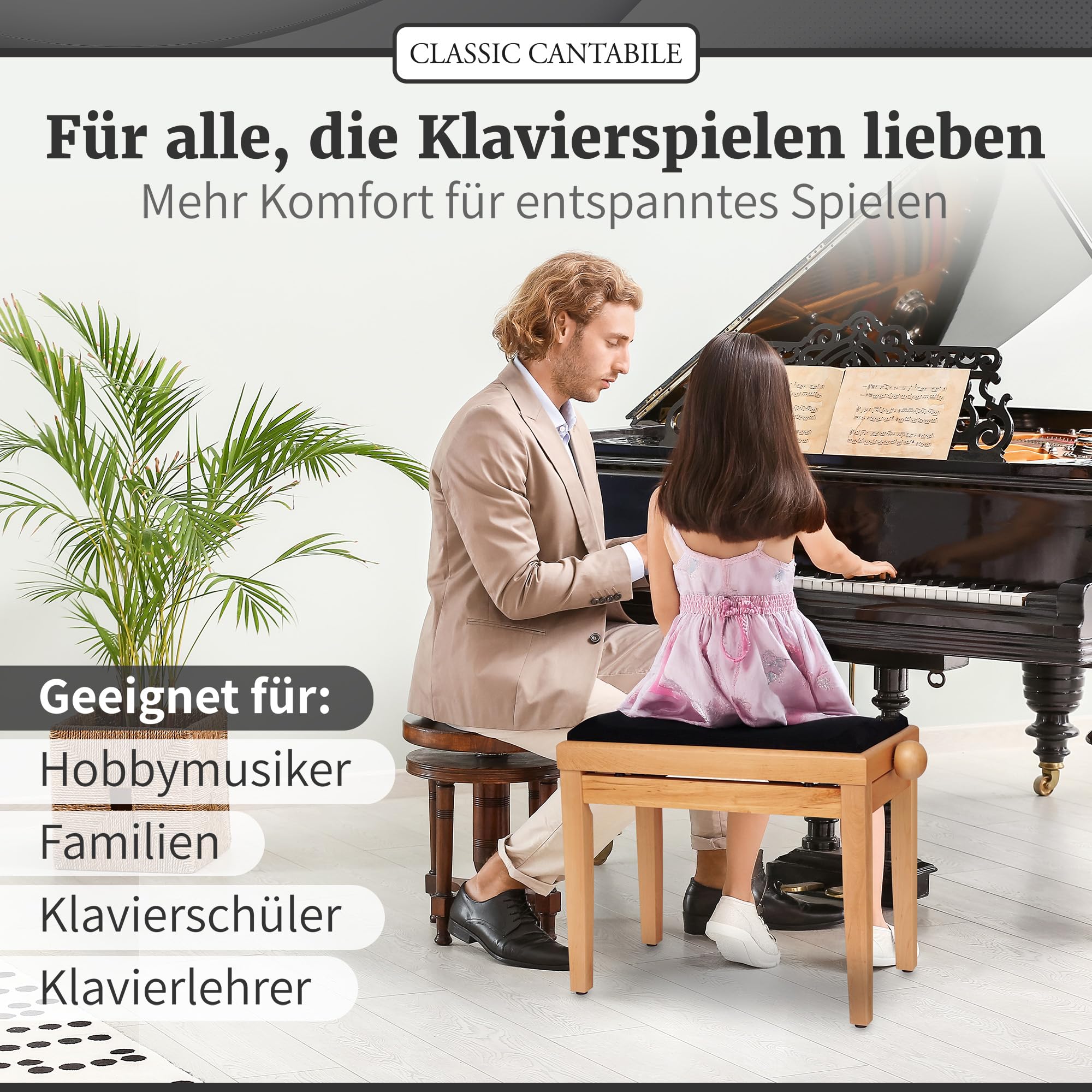 Classic Cantabile Pianobank Kirsche-matt (Höhenverstellbar von 47-56cm, Spindelmechanik, Sitzfläche 55 x 32cm, schwarzer Velourbezug, stabil)