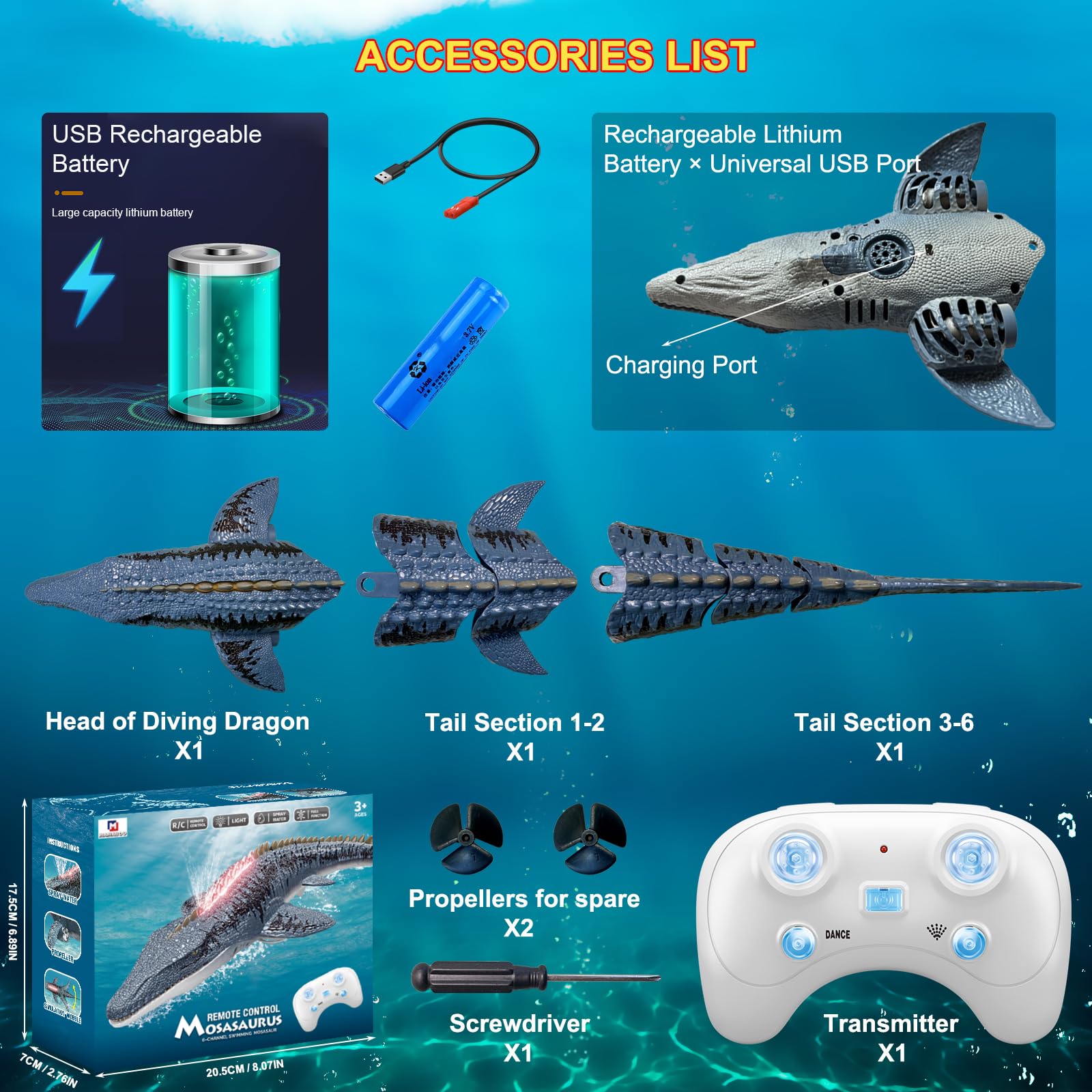 BUBUQE Mosasaurus Dinosauro radiocomandato per bambini, dinosauro acquatico radiocomandato con luce e funzione spray, giocattolo realistico come regalo di compleanno