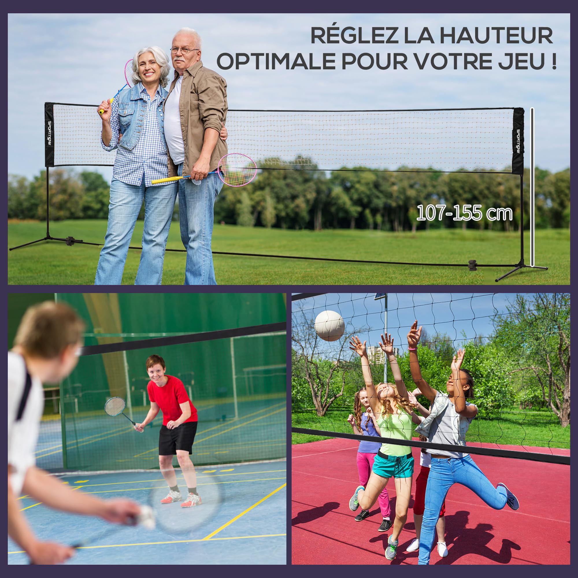 SPORTNOW Juego completo de bádminton, Pickleball y Voleibol, 3 en 1, juegos deportivos al aire libre con red altura ajustable 107-155 cm