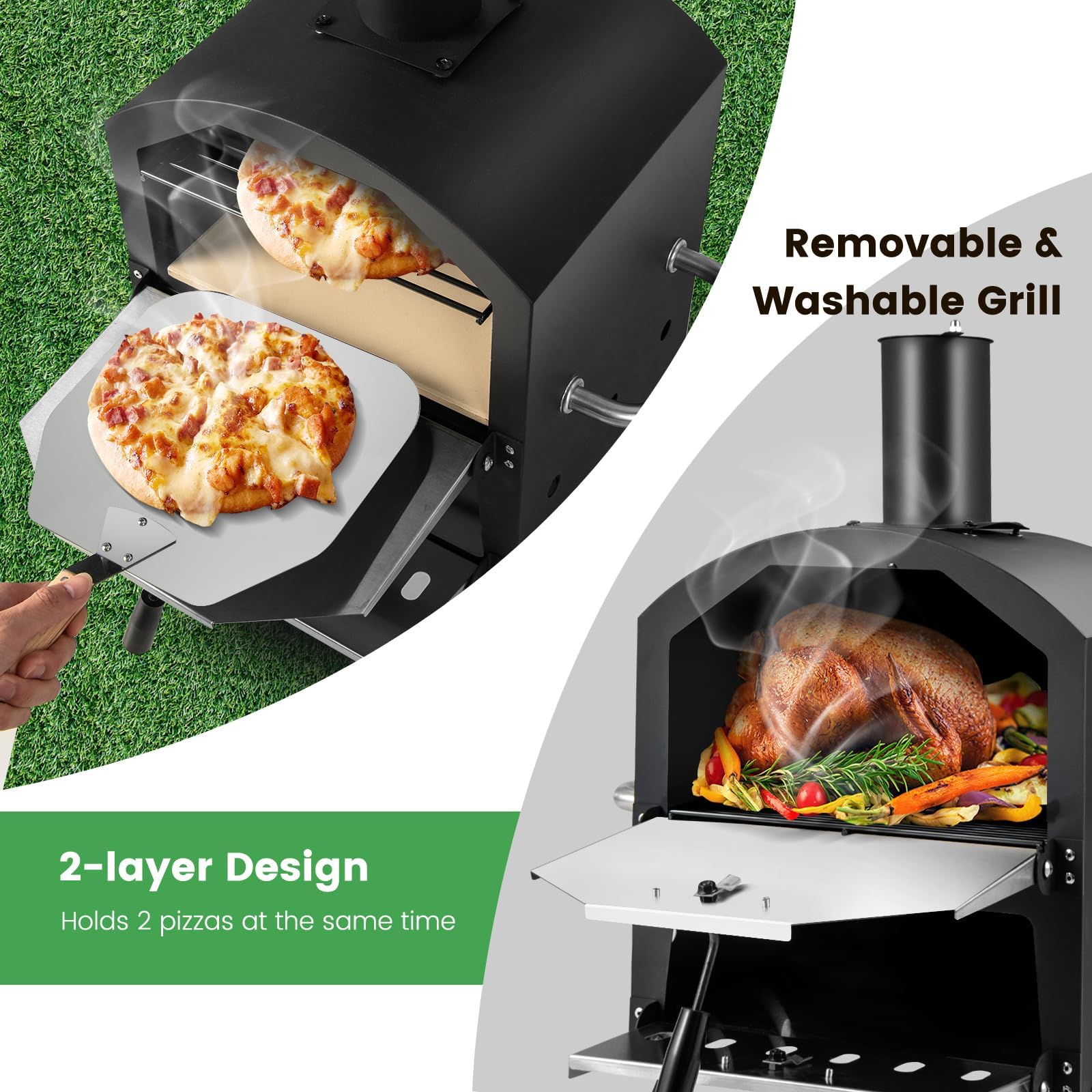KOMFOTTEU Pizza Offen Outdoor, Pizzaofen 600℃, Tragbarer Holzofen aus Edelstahl, Pizza Backofen 2 Stufen für Garten, Mini oven mit Pizzastein Pizzaschaufel Grillrost wasserdichter Deckel