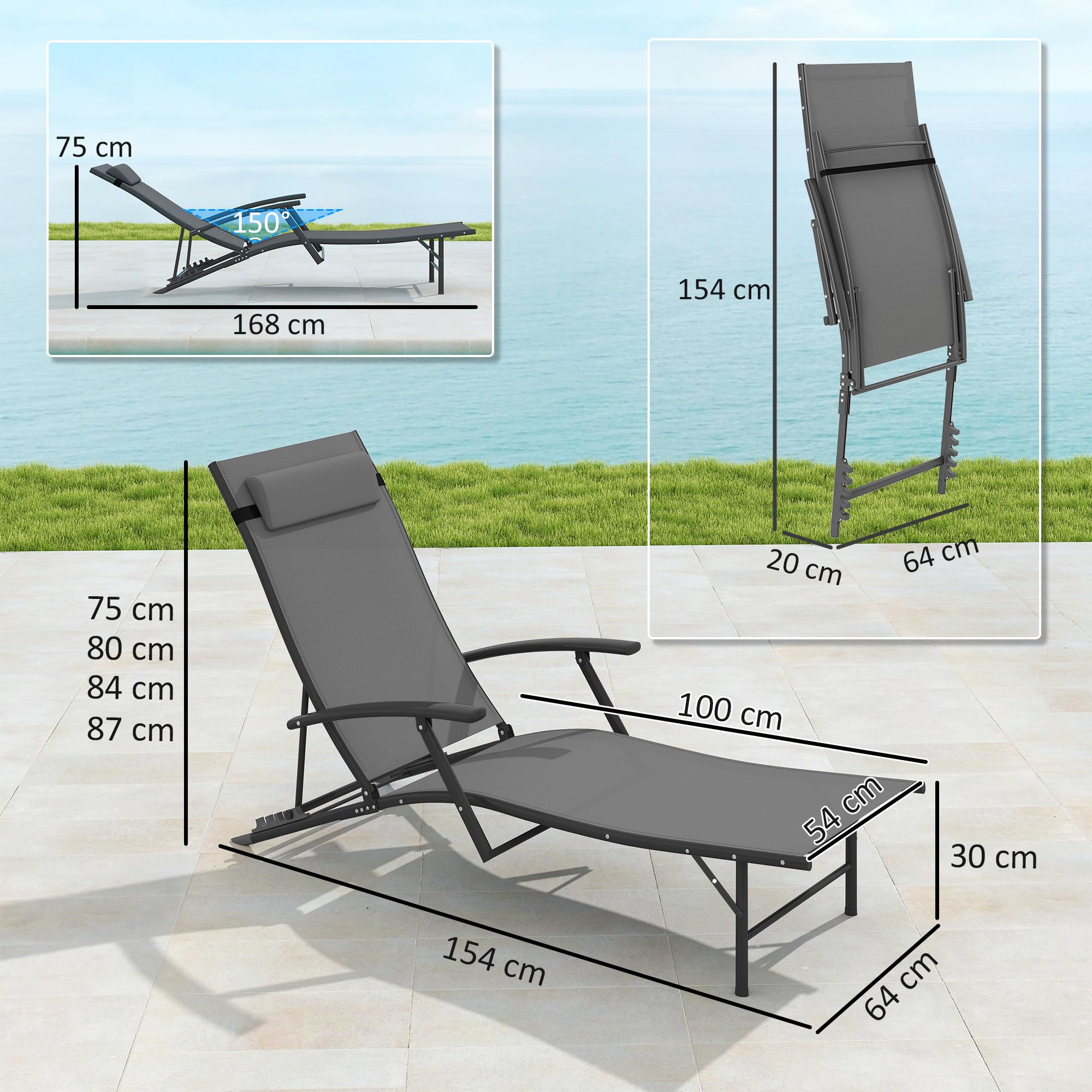 Outsunny Set di 2 Lettini Prendisole Pieghevoli 64x168x75 cm Grigio | Schienale Regolabile su 4 Livelli, Sdraio da Giardino, Seduta e Poggiatesta in Acciaio e Textilene, per Spiaggia e Piscina
