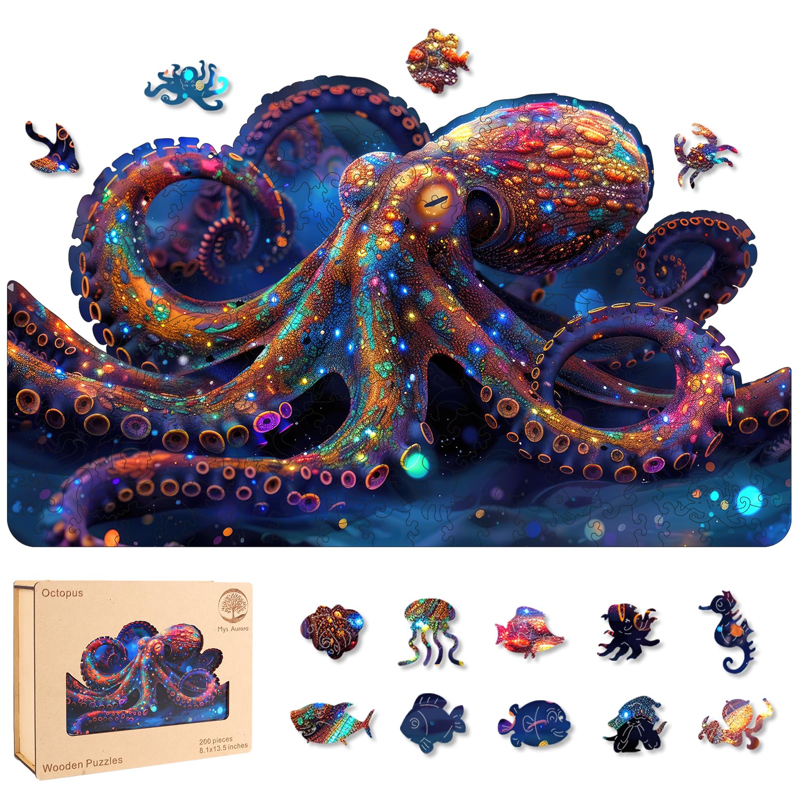 Mys Aurora Wooden Jigsaw Puzzle for Adults and Kids Unique Shape Wood Colorful Beautiful Box Fun Challenge Brain Health Family Game Creative Gift for Friends Rompecabezas Madera(Octopus 200pcs)