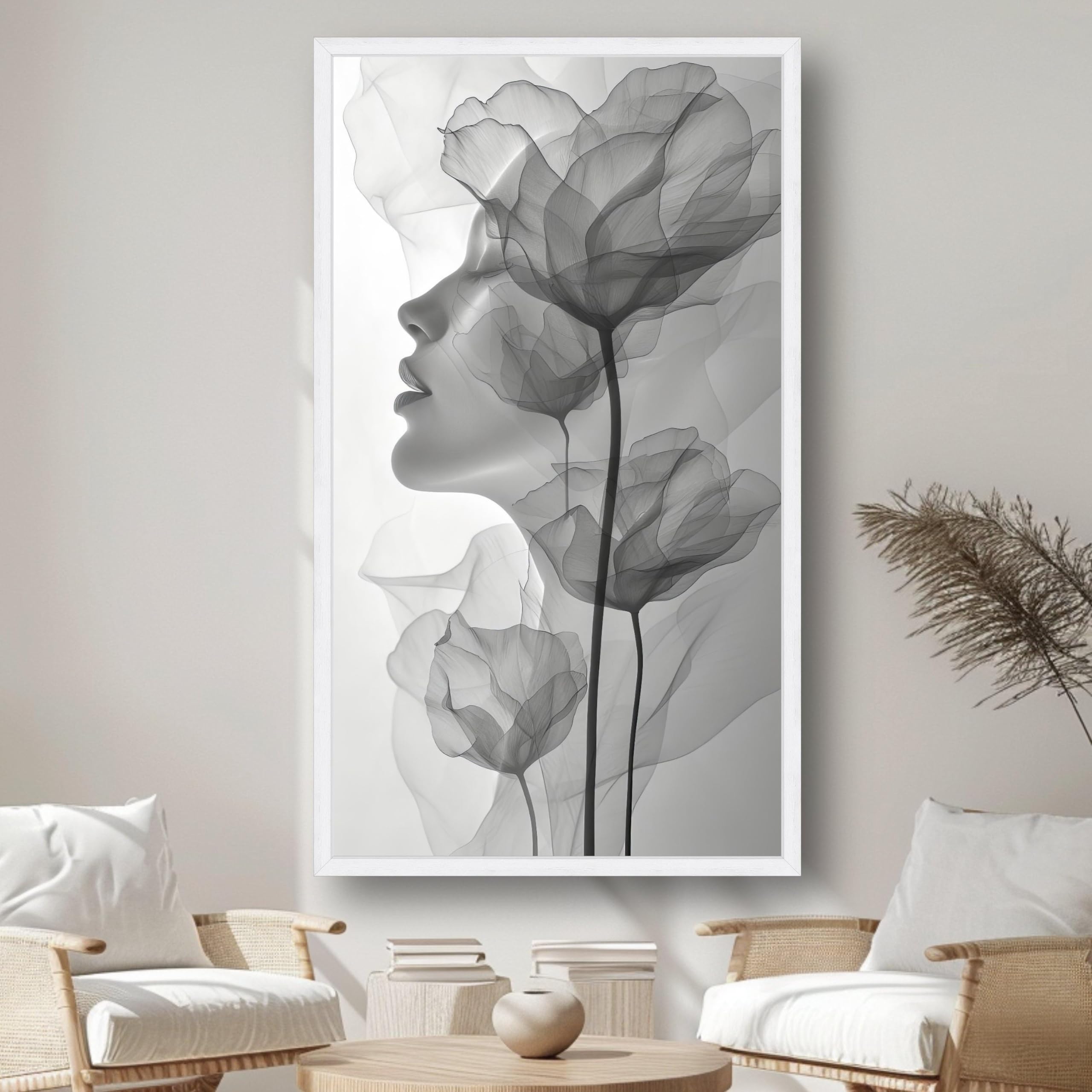 LMYCHENG Abstract Woman Silhouette, Female Portrait Art Print, Botanical Floral Wall Picture, Minimalist Canvas Bedroom Painting(30x50cm/Frameless)