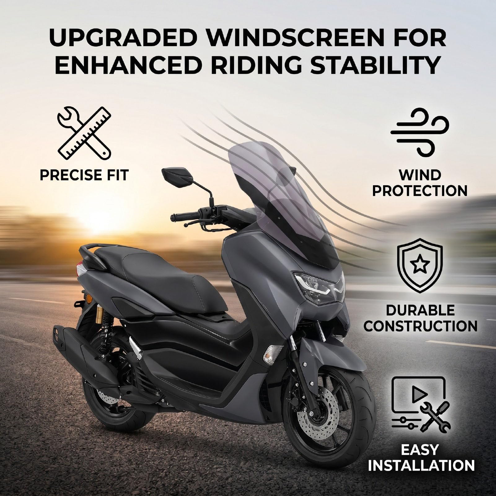 SIXRUN Parabrezza per NMAX155 Schermo Anteriore Moto Grigio Materiale Antiurto Design Ottimizzato del Flusso d'aria Sostituzione per NMAX155 2016 2017 2018 per Ciclisti Pendolari Urbani