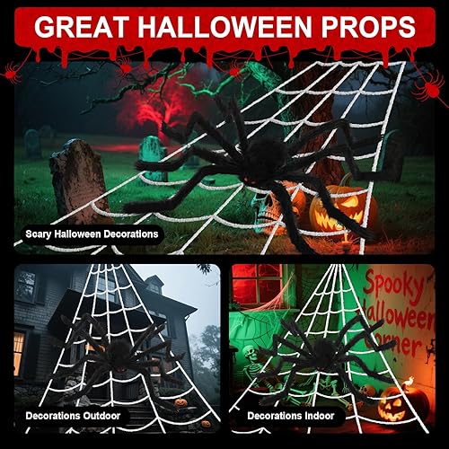 Miniatura 6 de Land Guard Decoración de Halloween de telaraña grande de 236 pulgadas+araña enorme de 70 pulgadas para techo con red grande triangular para casa