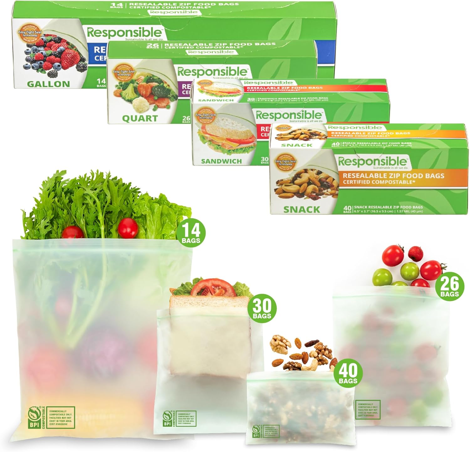 Resealable Zip Bag Value Bundle Pack - Certified Compostable (1 Box of Each - Sandwich, Snack, Quart, and Gallon) - 110 Total Bags Included