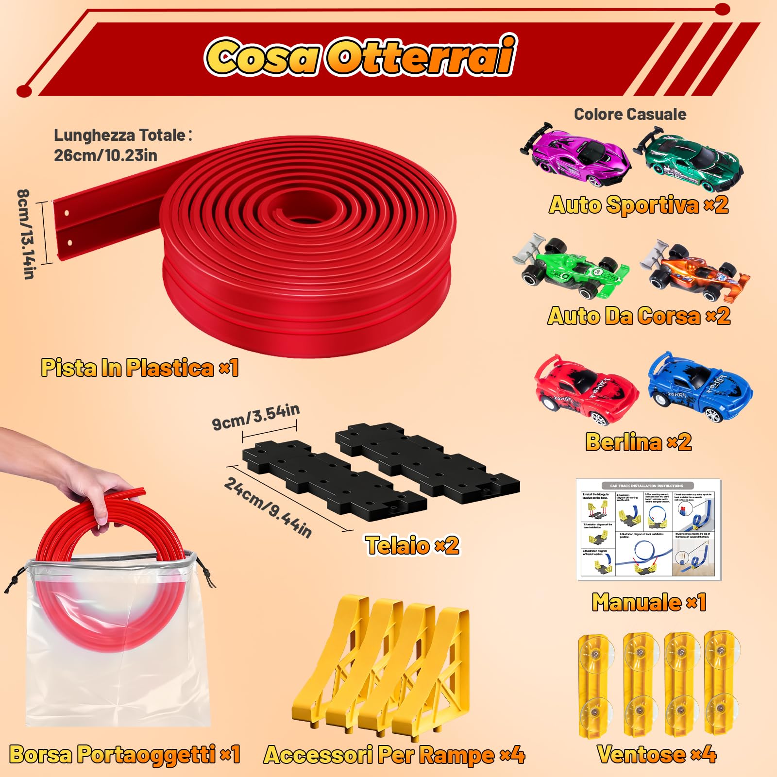 Pista Macchinine 5M Pista Flessibile Macchinine 4 Macchinine 2 Rampe 1 Borsa Portaoggetti 4 Ventose Regalo Flexible Car Track per Bambini 4 5 6 7 Anni (Rosso)