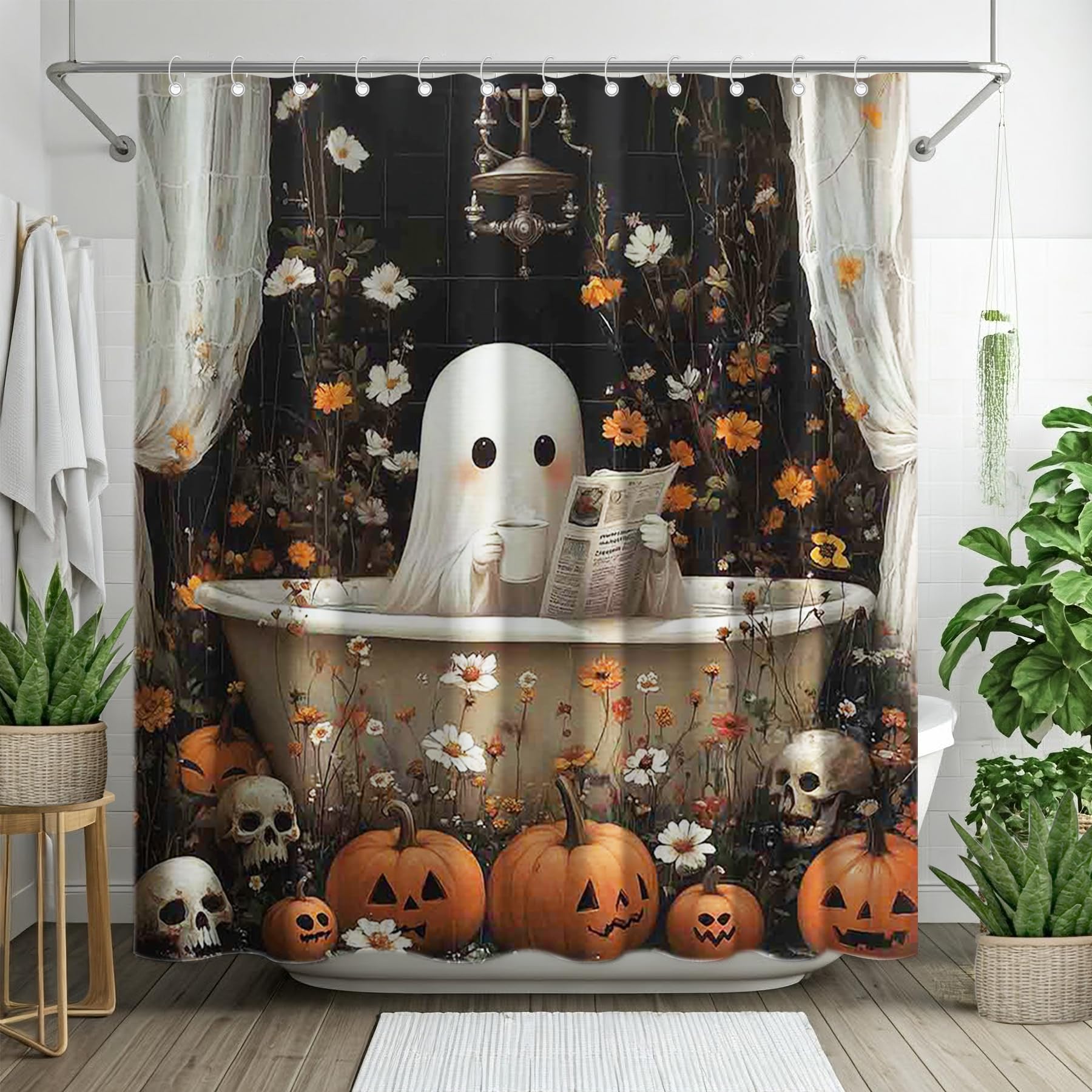 YCUCUEI Halloween Cute Ghost Shower Curtain for Bathroom Colorful Floral DaisyTub Skull Pumpkin Lantern Home Decorations Sets with 12 Hooks Waterproof Polyester 72