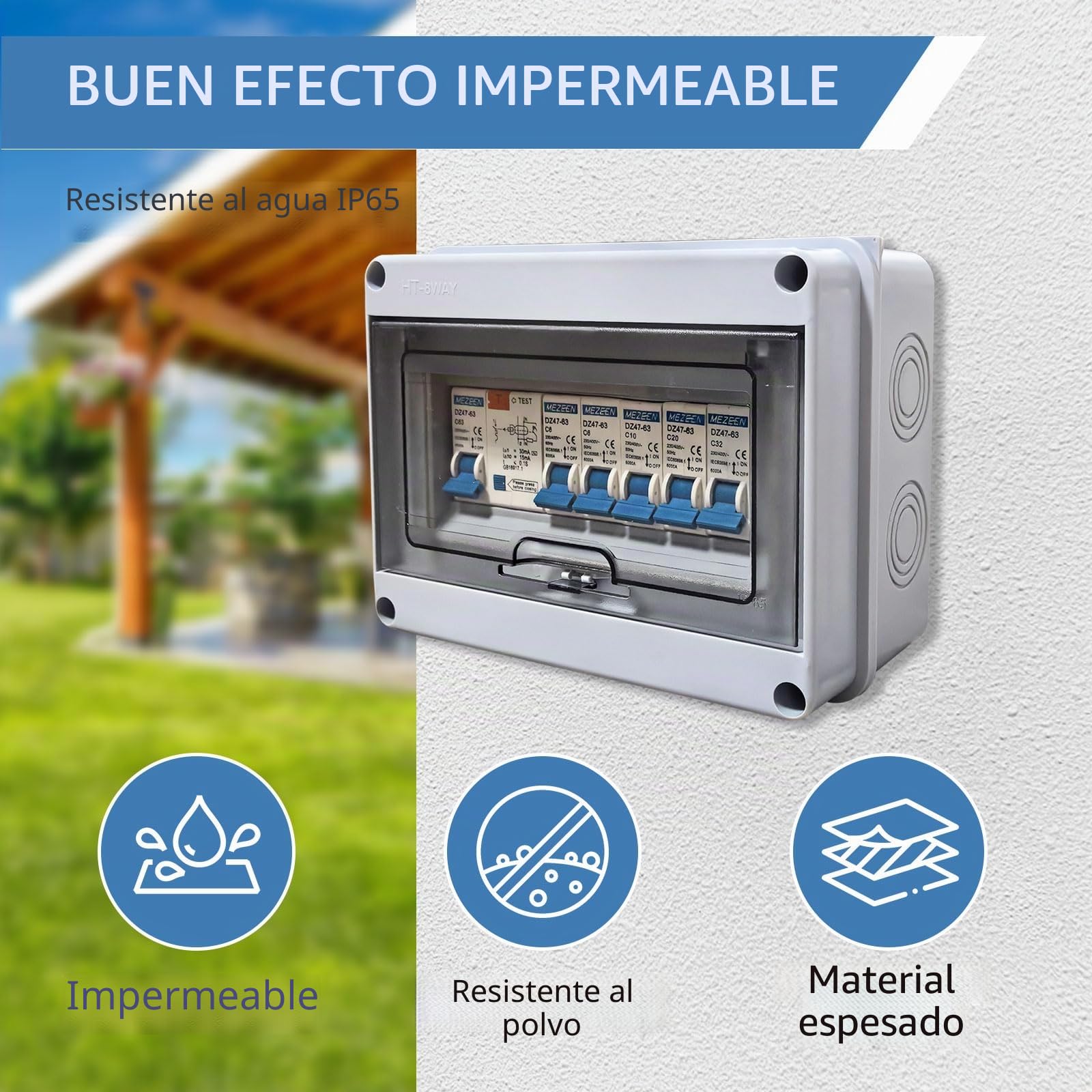 BigKing Caja de distribución impermeable de 8 vías IP65 e interruptor automático, incluye 1P+N63A+6A+6A+10A+20A+32A, Tipo AC 63A/30mA FI RCD