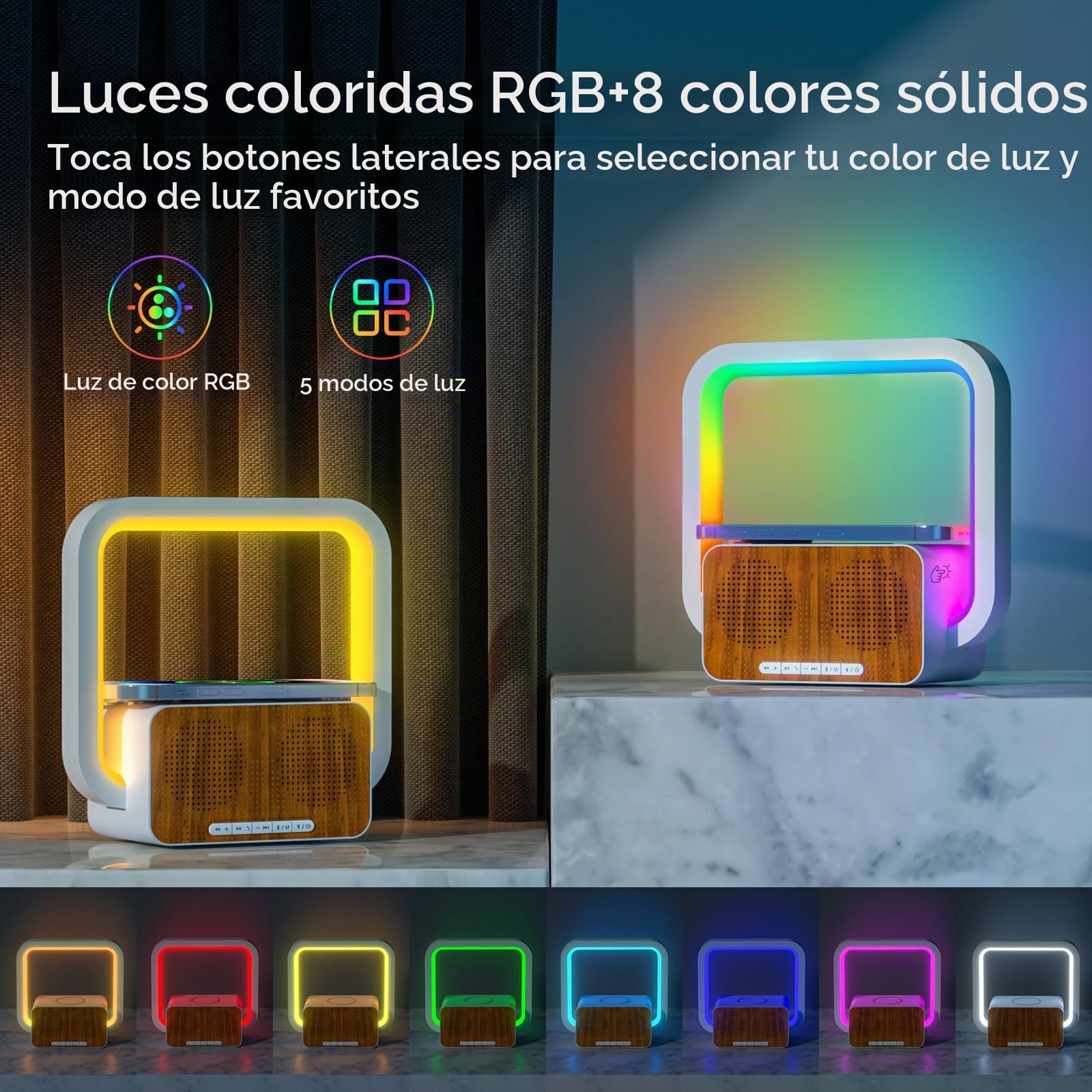 Altavoz Bluetooth con Luz Nocturna y 15W Cargador Inalámbrico, lamparas de mesita de Noche con Control táctil y 5 Modos de iluminación RGB (Beige)