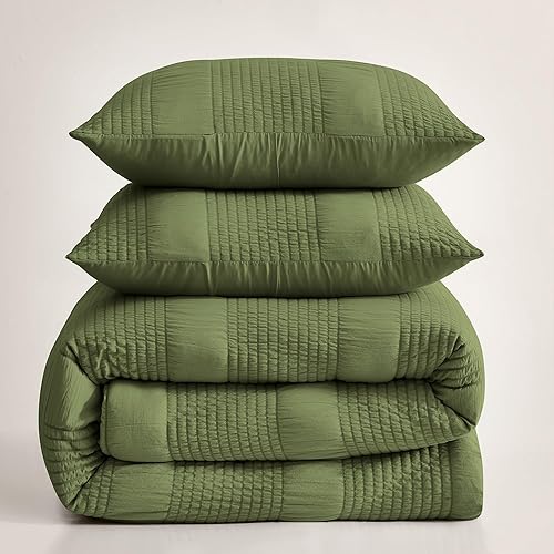 Miniatura 7 de Juego de edredón tamaño Queen de 3 piezas de color verde oliva, suave juego de edredón de sirsaca verde oscuro con 2 fundas de almohada, juego de