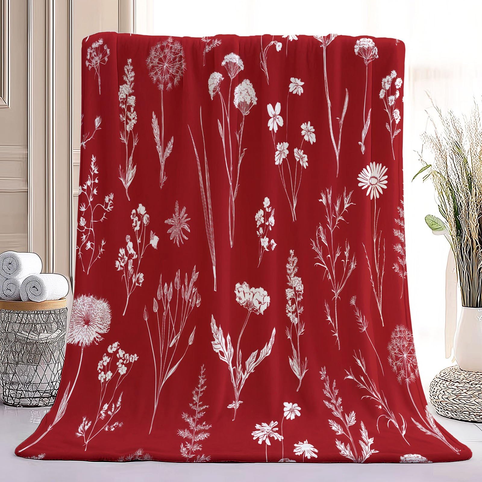 Ländlich Rustikal Kuscheldecke Löwenzahn Gänseblümchen Wildblumen Decke Tagesdecke Wohndecke Rot, Couchdecke Weich Warm Flauschig, Sofa Decke für Reisen Zelten Outdoor, 150 x 200 cm