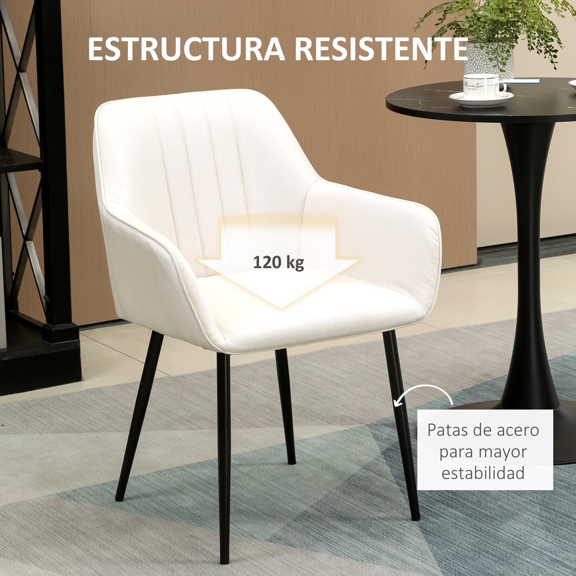 HOMCOM Pack de 2 Sillas de Comedor con Asiento Acolchado Beige | Sillas de Cocina Modernas, Tapizado, Respaldo Curvo, Reposabrazos, Patas de Metal, para Salón