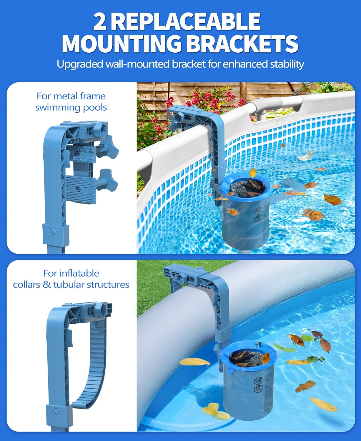Upgrade Above Ground Pool Skimmer Comes with 3 Socks, Anti-tilt Wall Mount Surface Skimmer, Removable Skimmer Basket, Adjustable Height Bracket, Auto Skimming Pool Surface Leaves - Blue